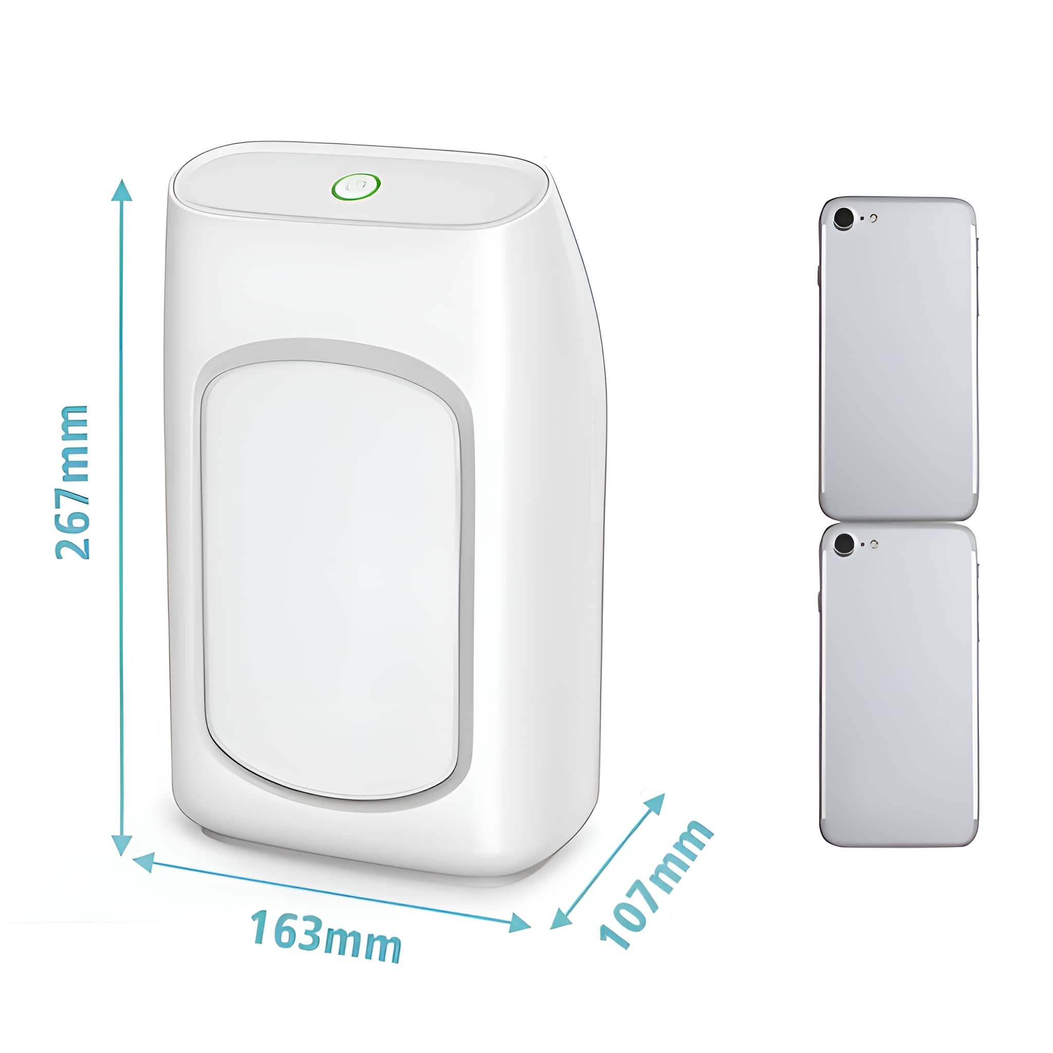 Weißes Gerät mit den Maßen 267x163x107mm. Zwei Smartphone-Mockups auf der rechten Seite.
