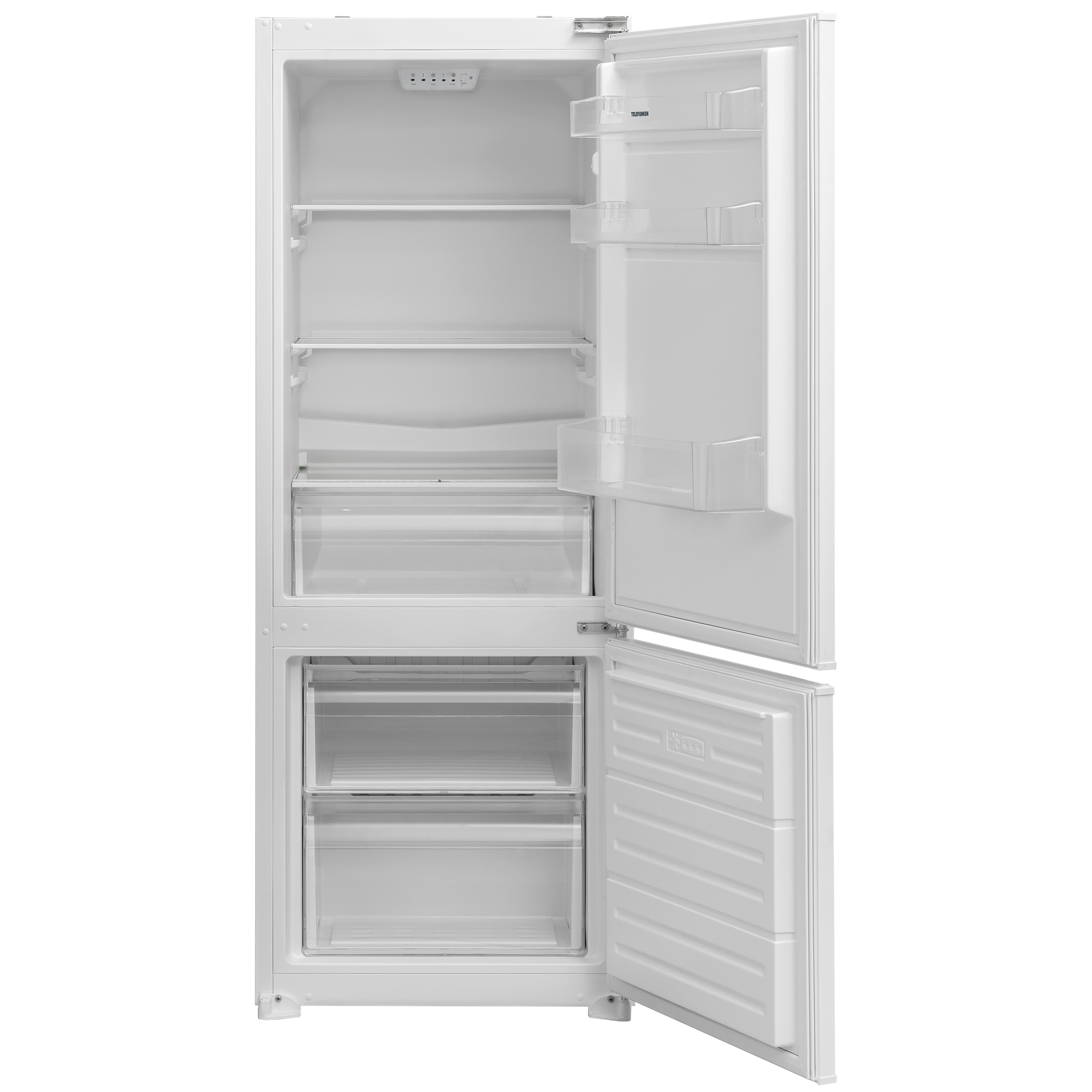 Weißer Kühlschrank, Tür offen. Innenraum mit Regalen und Schubladen. Weißer Hintergrund.