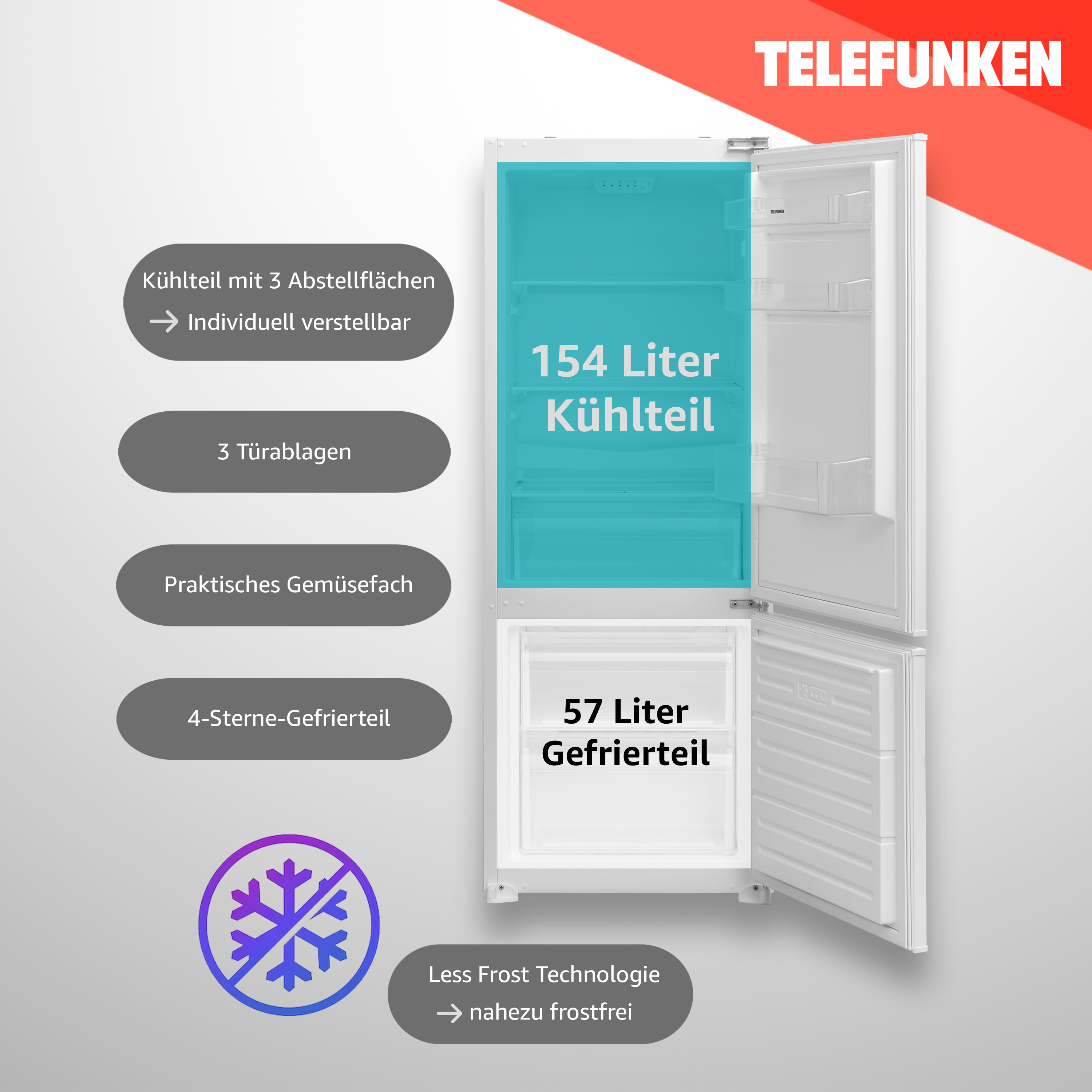Offener weißer Kühlschrank mit blauem Innenraum und Textkennzeichnungen für Kühl- und Gefrierkapazität.