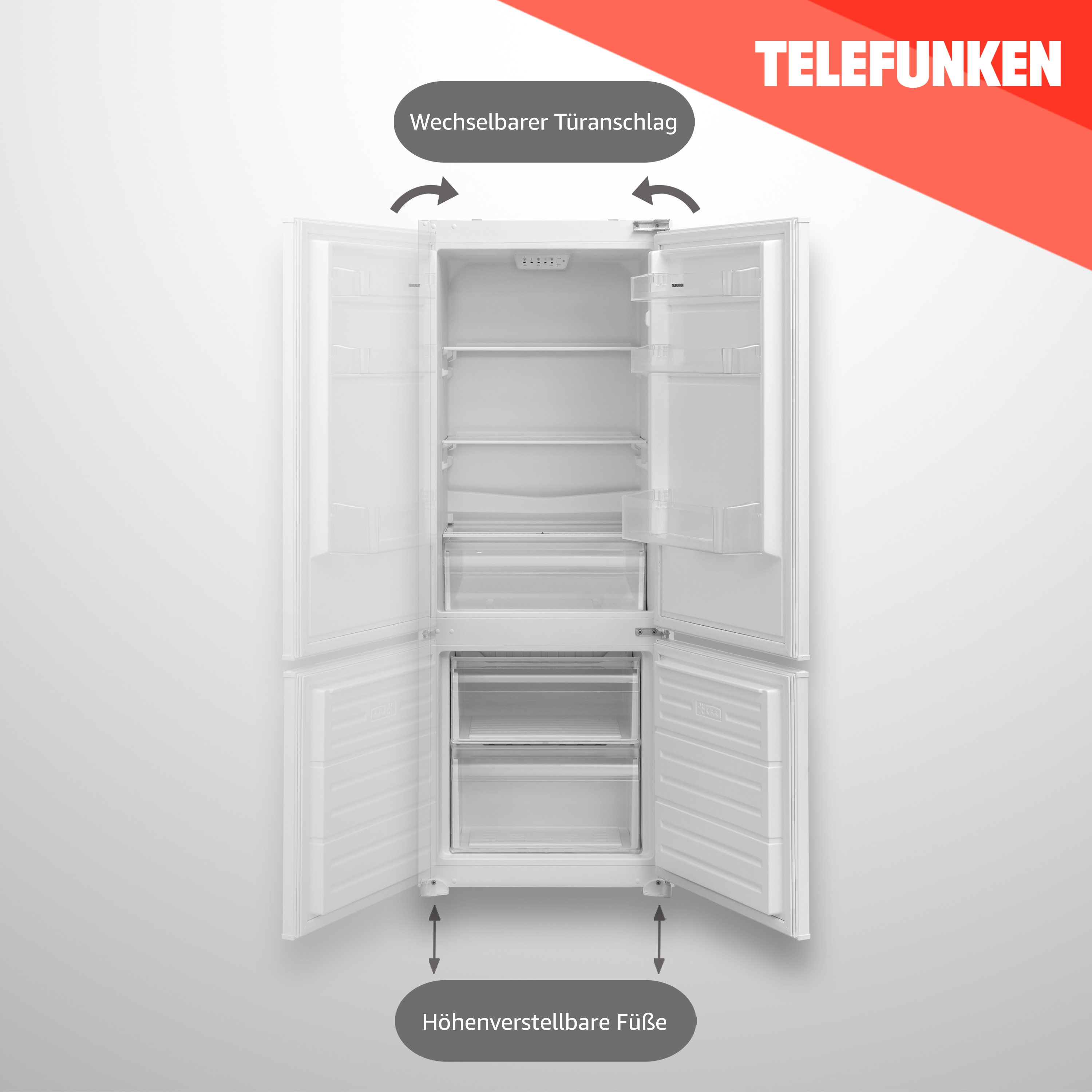 Weißer Kühlschrank mit offenen Türen, mit Innenregalen und Gefrierschubladen.