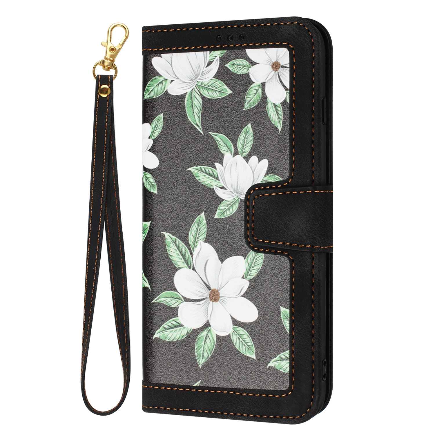 Una funda de teléfono negra con un diseño floral y una correa de muñeca. La funda está abierta.