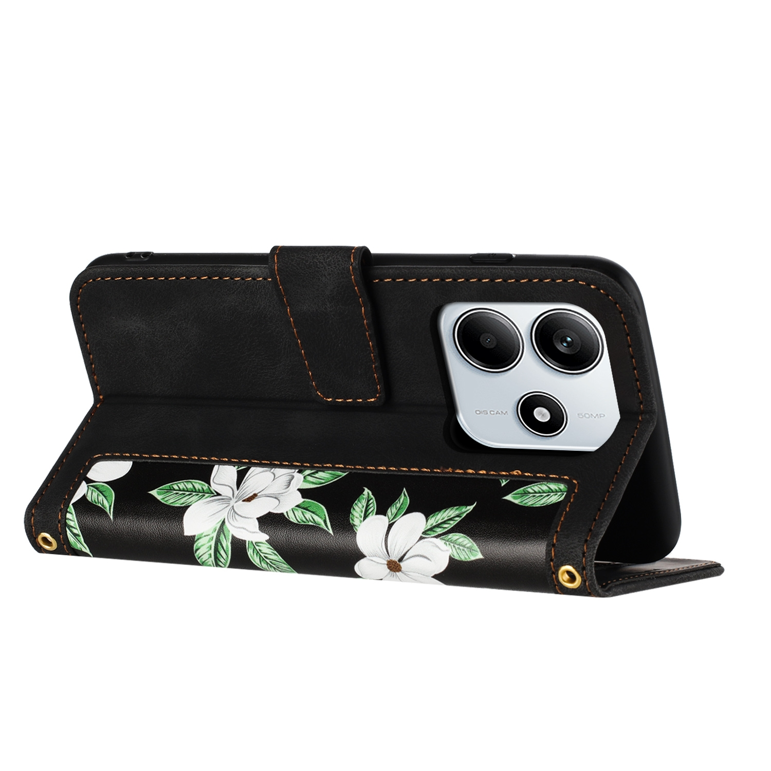 Una funda de teléfono negra con flores blancas y un teléfono dentro. La funda está abierta.