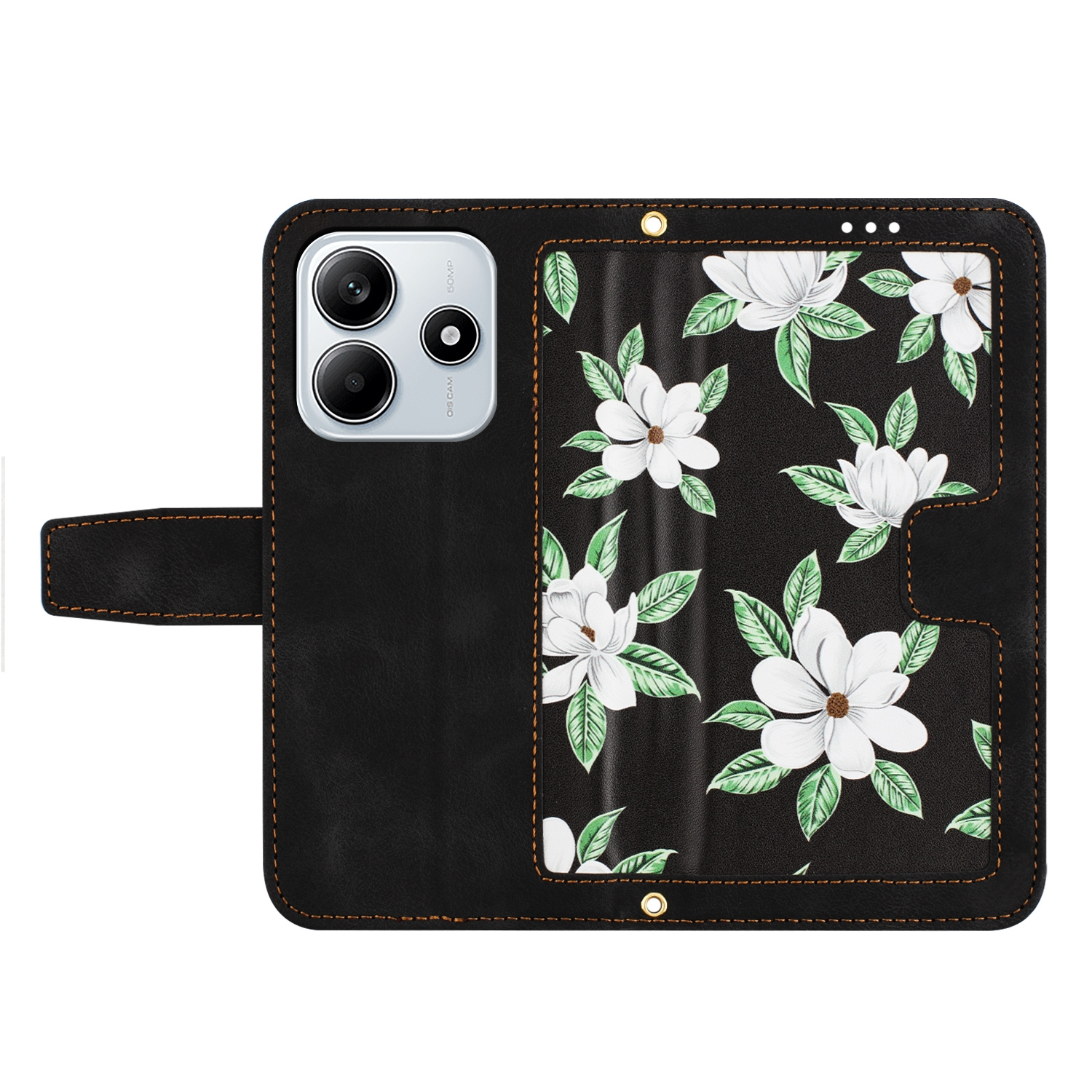Funda negra con estampado floral y dos cámaras.
