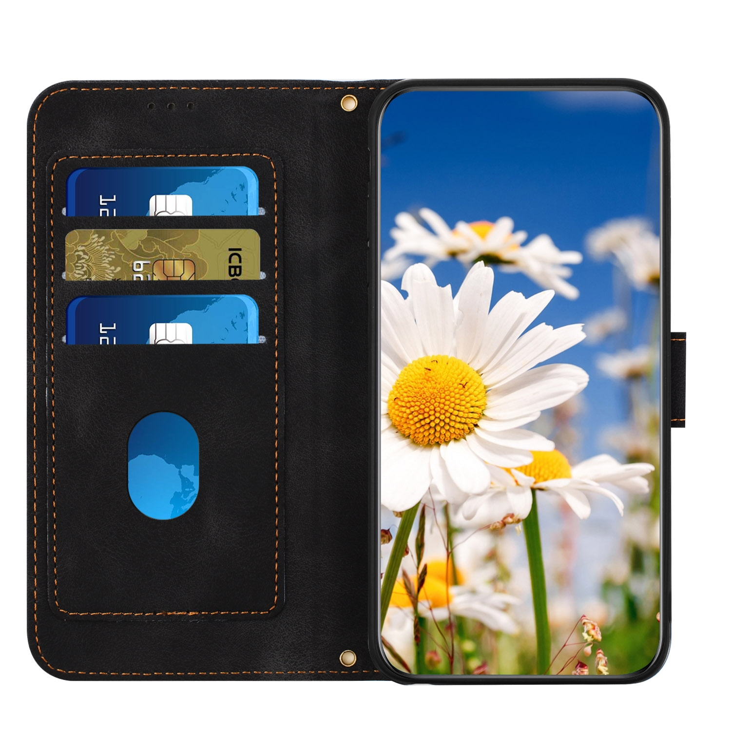 Funda de teléfono negra con ranuras para tarjetas y teléfono mostrando campo de margaritas.