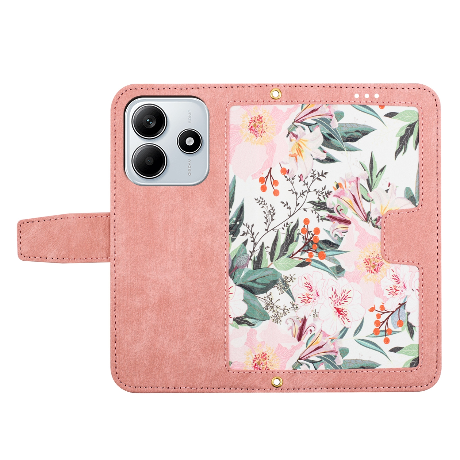 Rosa Handyhülle mit Blumendesign. Die Hülle ist offen und zeigt einen weißen Hintergrund mit Blumen.