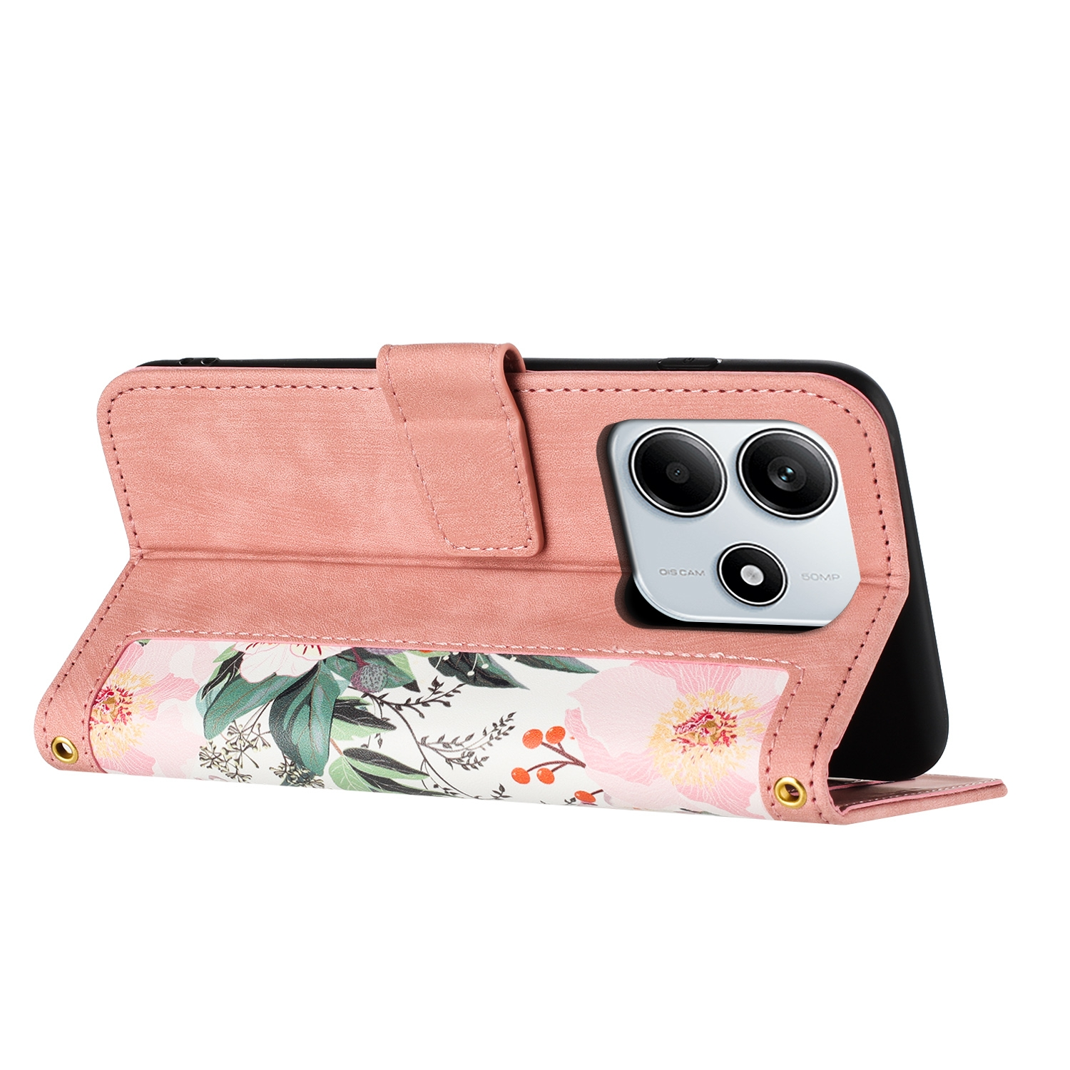 Geöffnete rosa Blumen-Handyhülle, zeigt Telefon und Blumendesign.