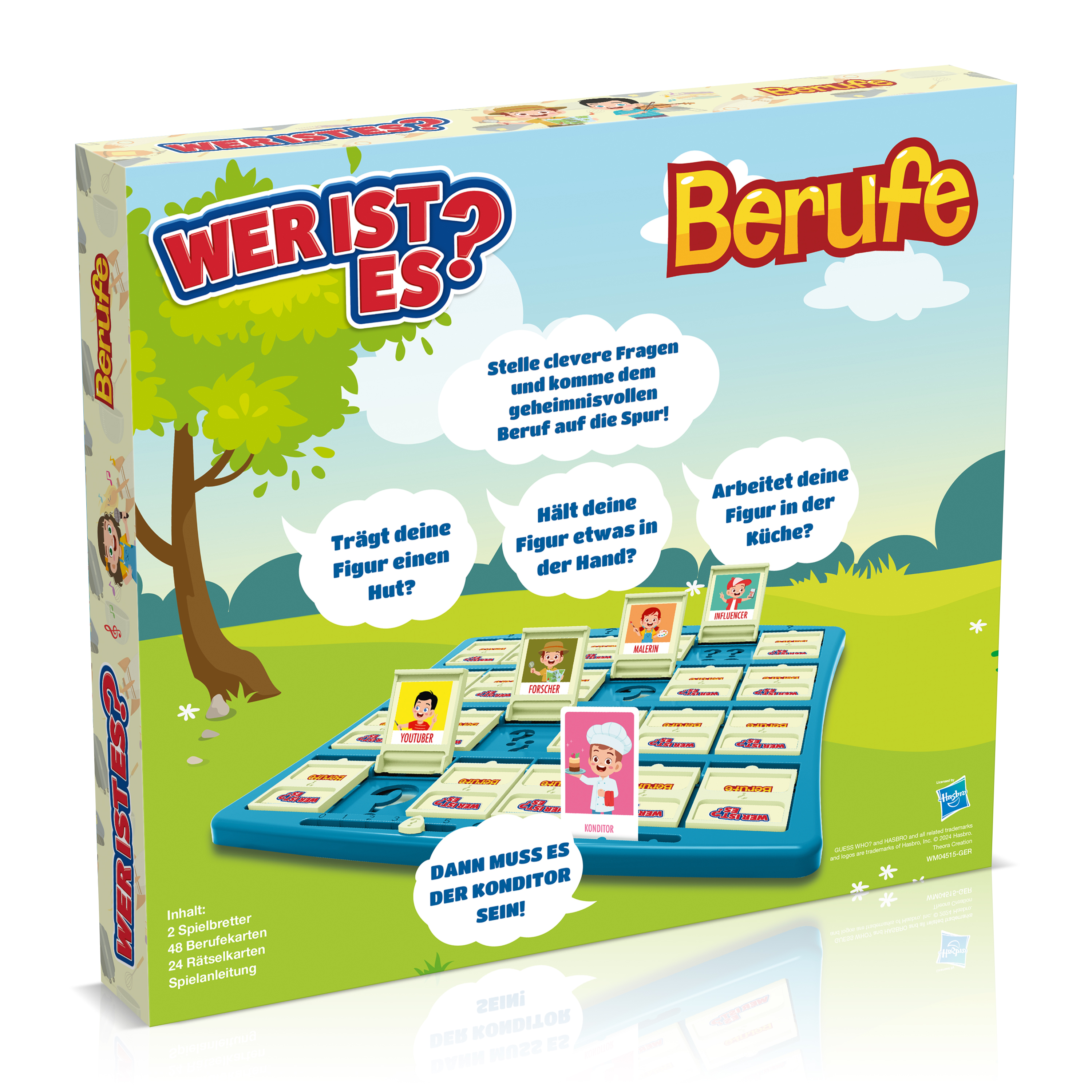 Eine farbenfrohe Spielbox mit dem Titel 'Wer ist Es?' mit einem Spielbrett und verschiedenen Figuren.