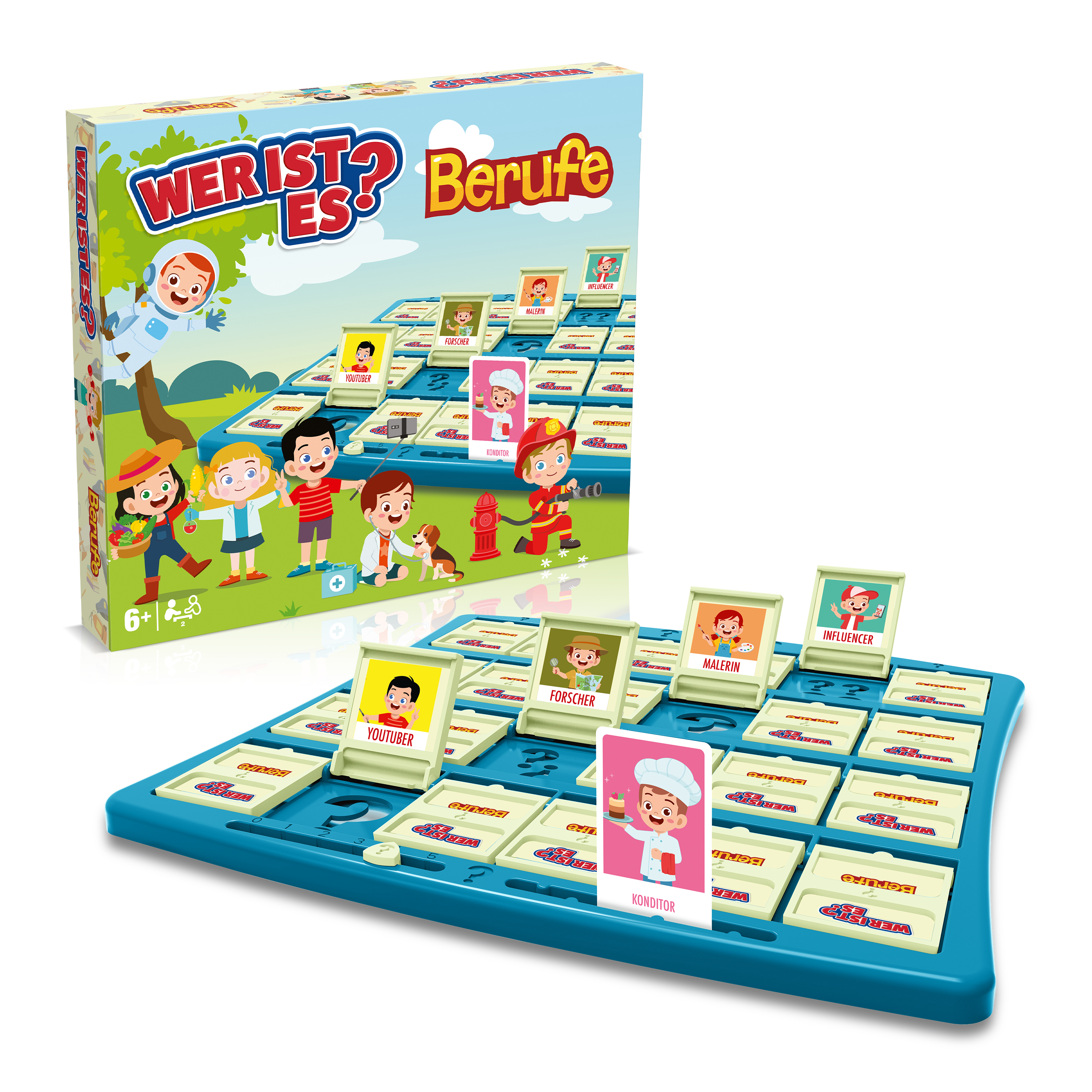 Brettspiel mit verschiedenen Berufen. Schachtel und Spielbrett sichtbar.