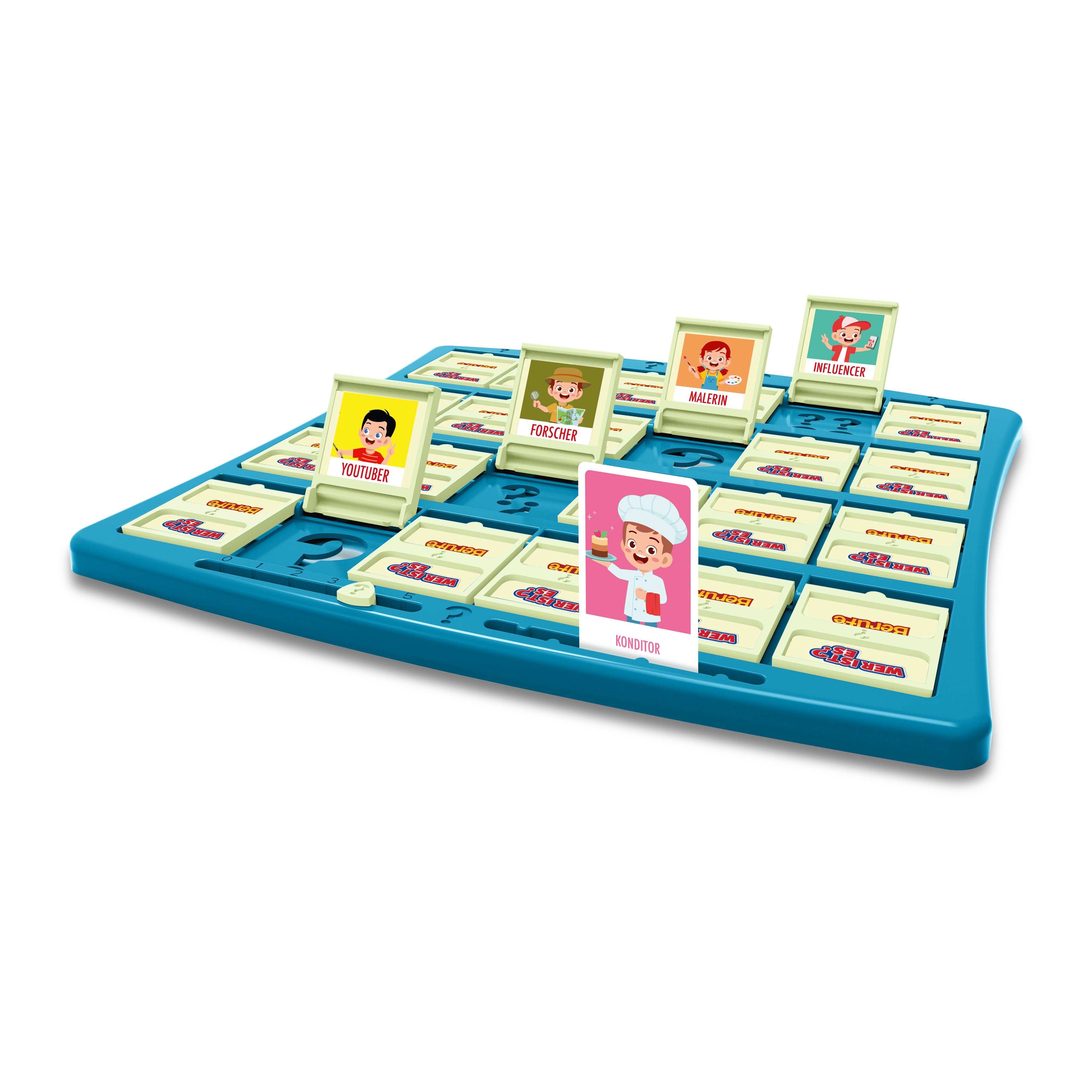 Ein Wer bin ich? Brettspiel mit Karten, die verschiedene Berufe zeigen. Eine Kochkarte ist in der Mitte.