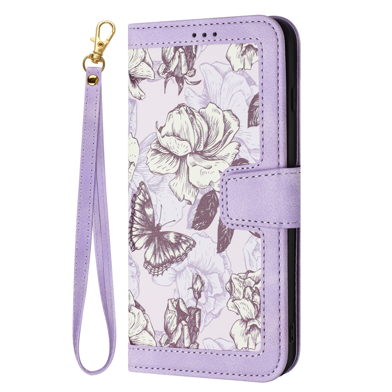 Funda de teléfono morada con diseño floral y correa de muñeca con cierre dorado.