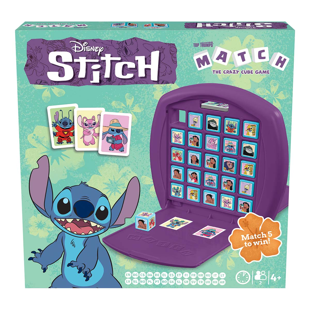 Disney Stitch Match Spielbox, mit Spielbrett und Karten sichtbar.