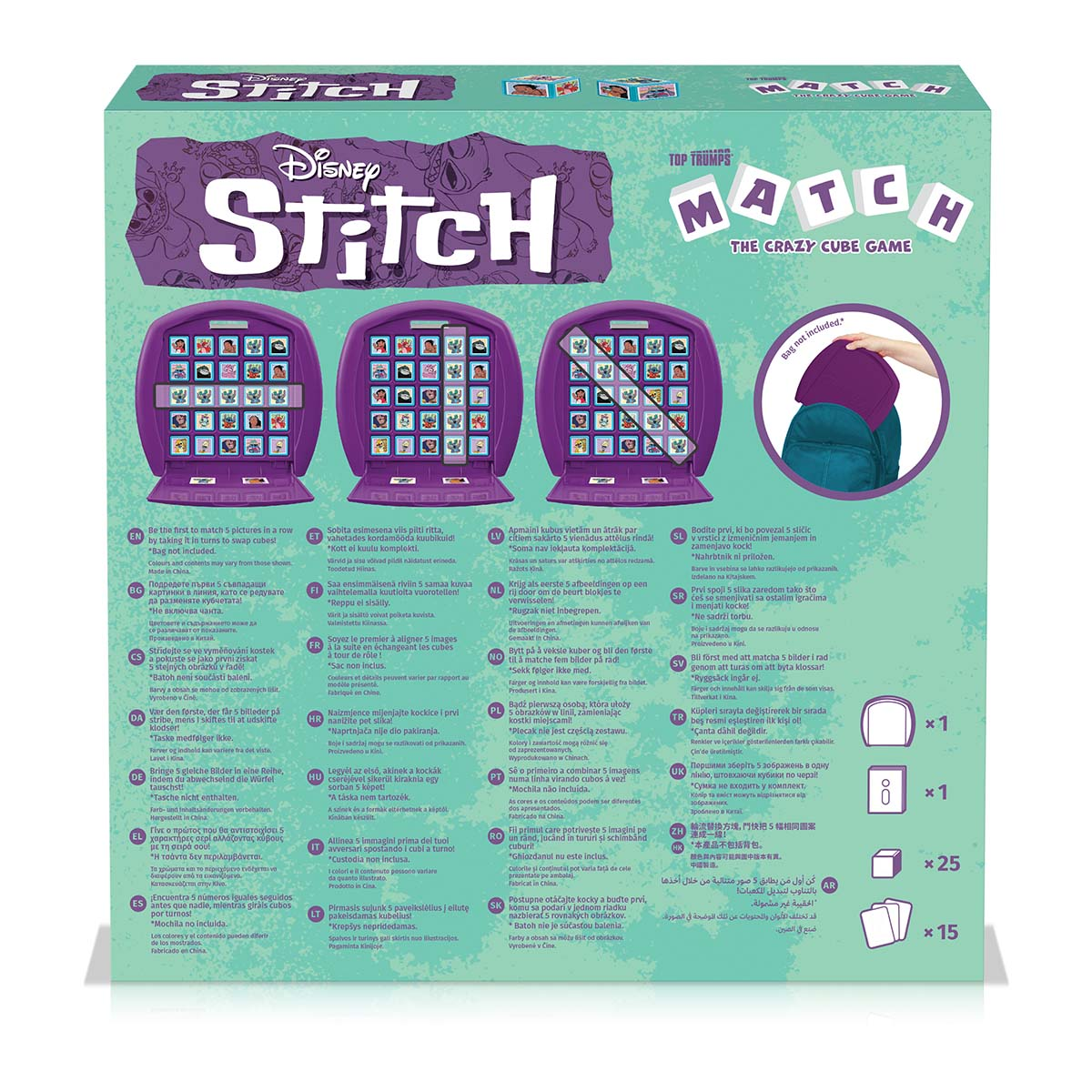 Eine Disney Stitch Match Spielbox. Sie zeigt Spielkomponenten und Anweisungen mit einem Rucksack.
