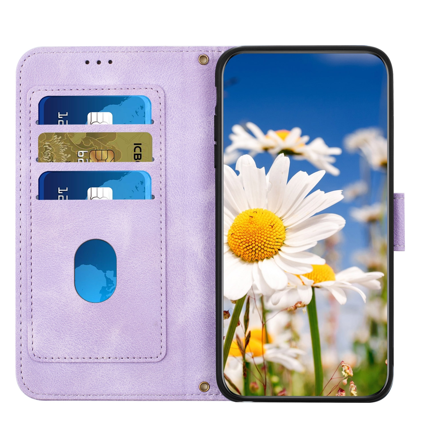 Funda de teléfono púrpura abierta con tarjetas y teléfono mostrando flores de margarita.
