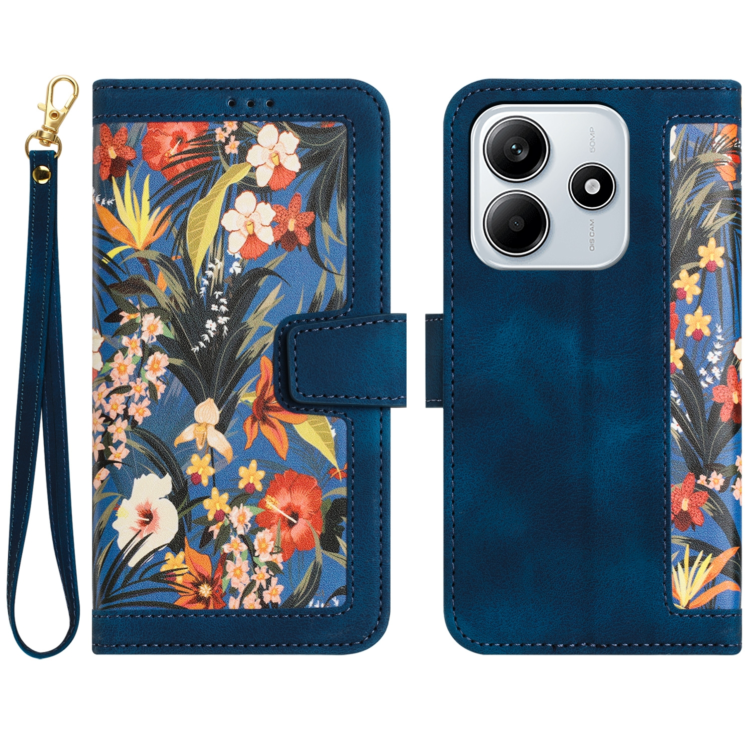Funda de teléfono azul oscuro con diseño floral. Cuenta con una correa de muñeca. El diseño tiene flores y un teléfono con cámara.