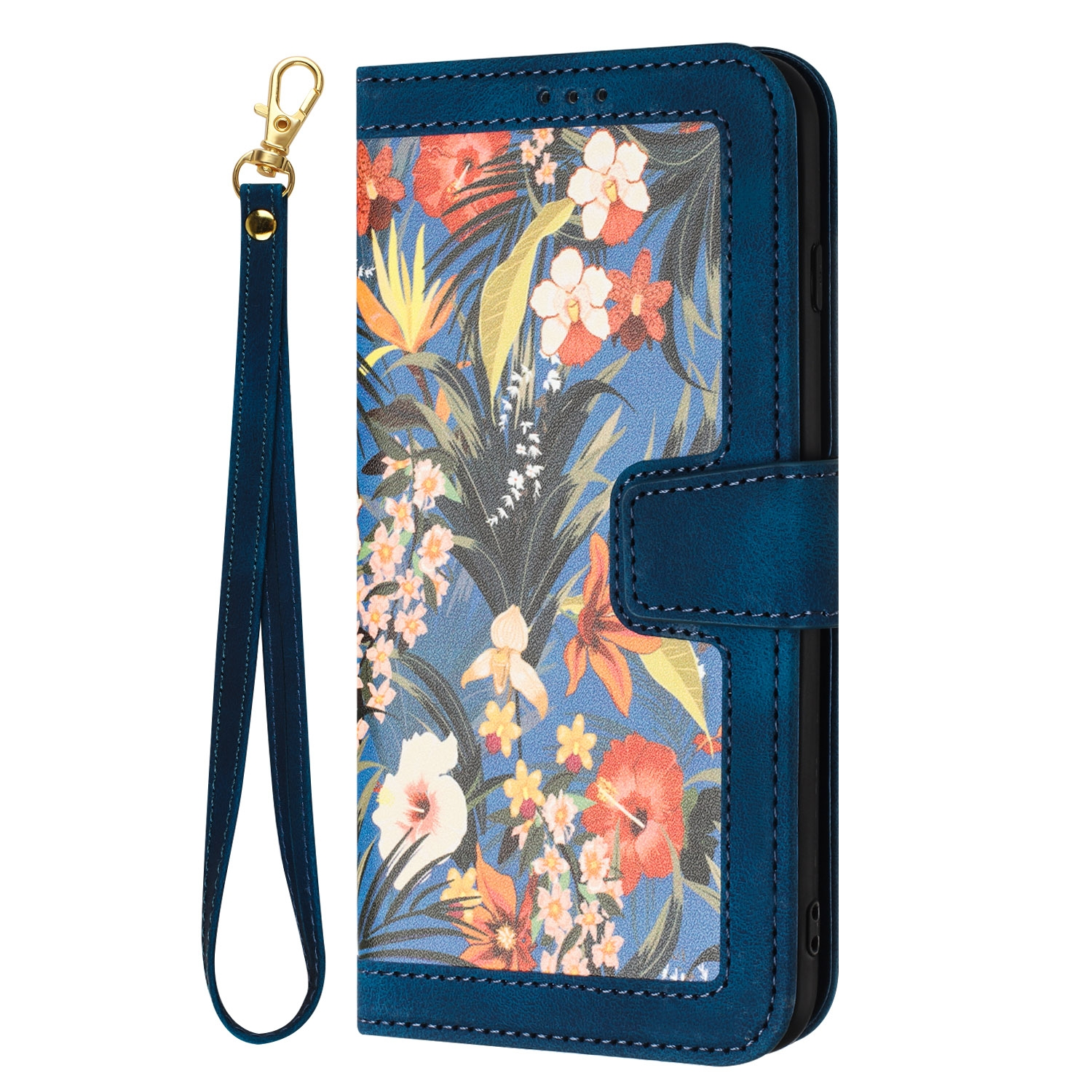 Funda de teléfono floral azul con correa. Está cerrada, con un diseño floral en la parte delantera.