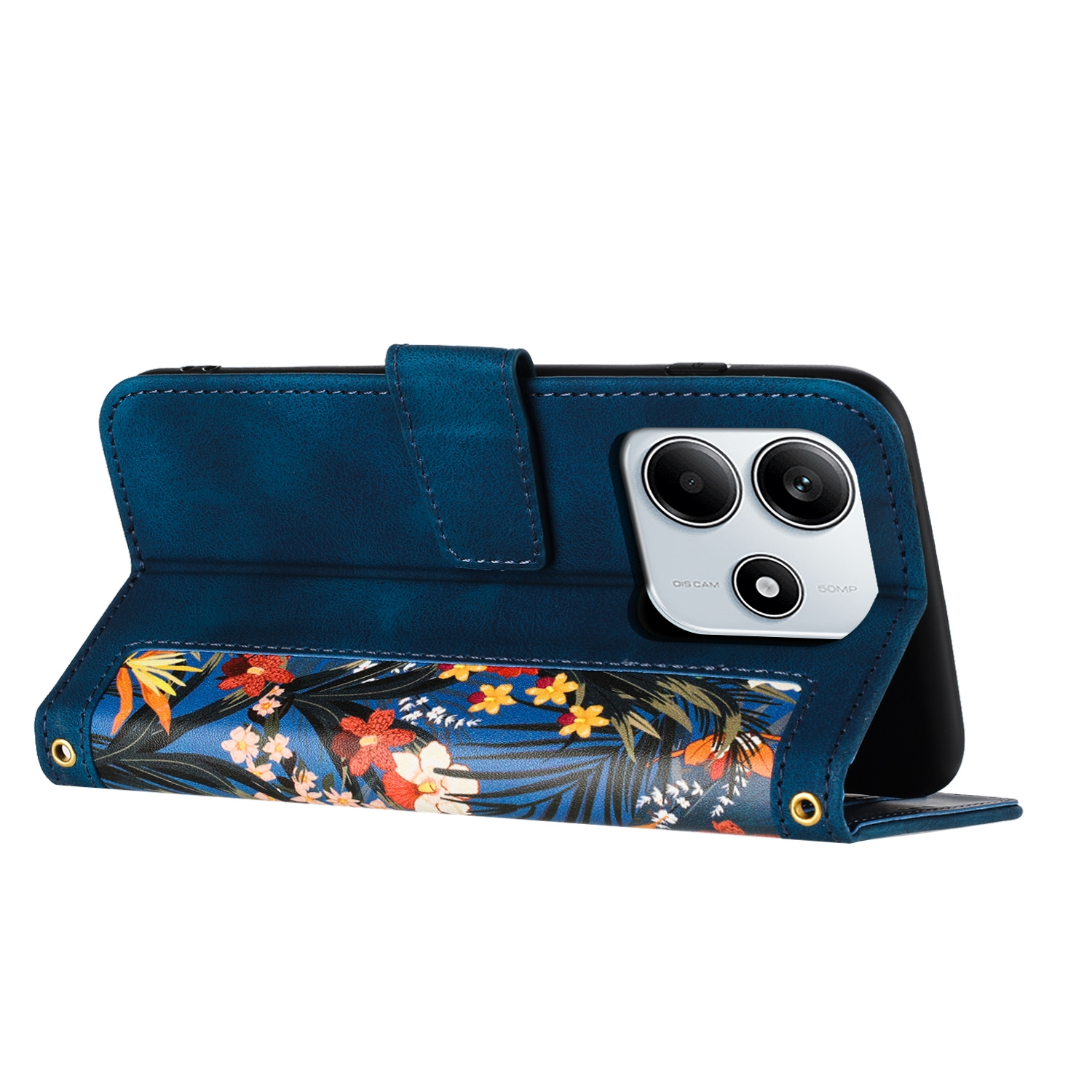 Funda de teléfono con estampado floral. Material similar al cuero en azul, con teléfono visible.