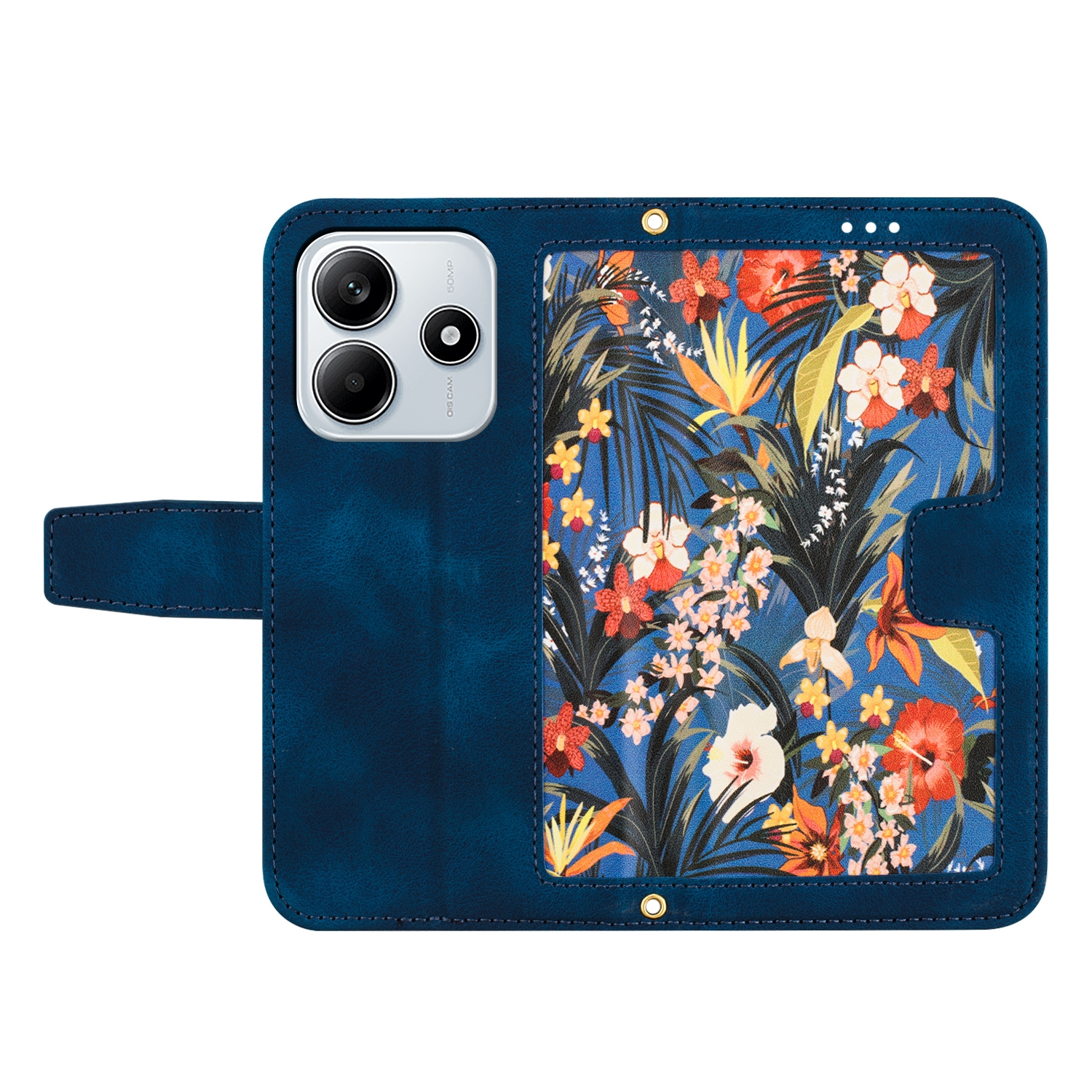 Una funda de teléfono azul marino con un estampado floral y un teléfono dentro.