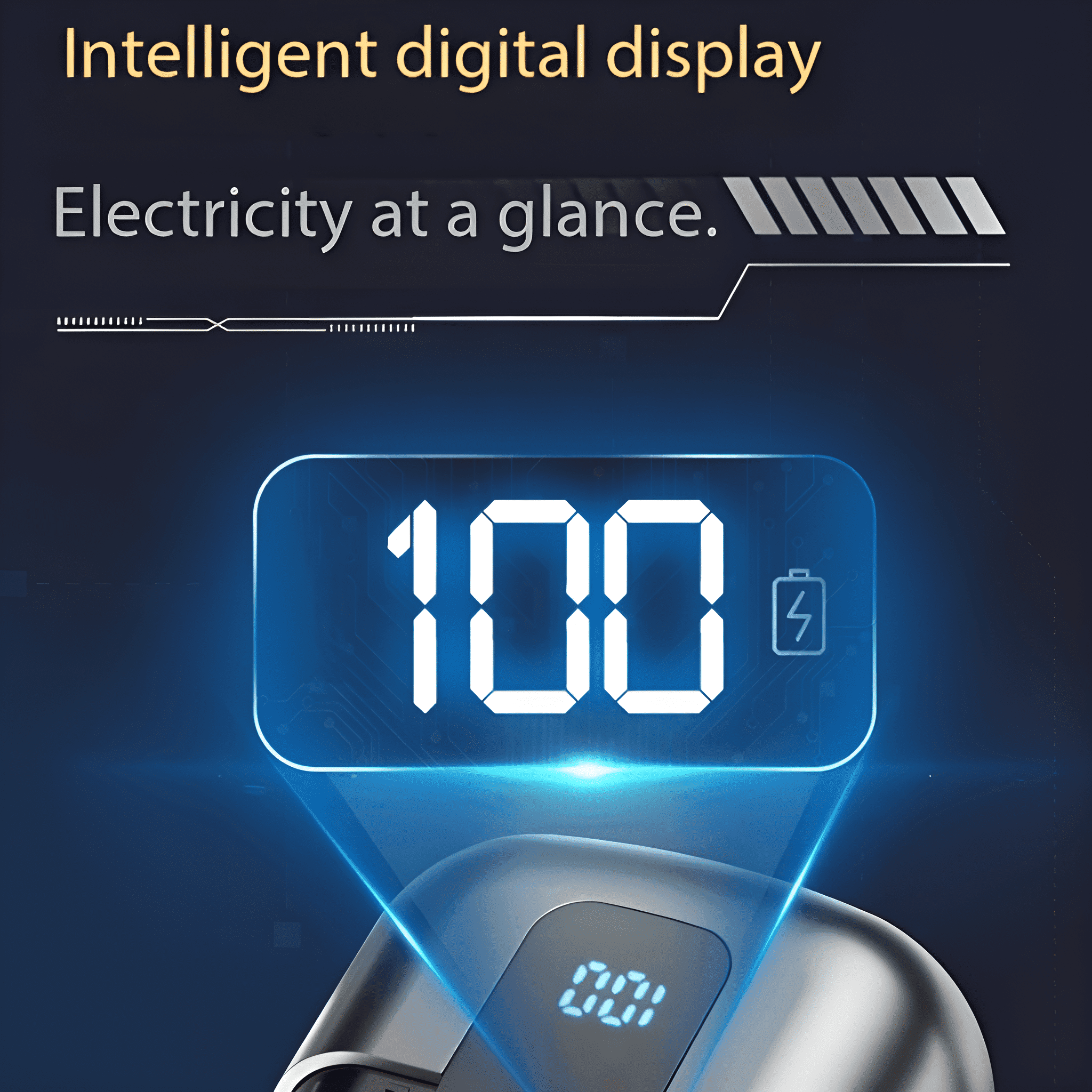 Digitalanzeige mit 100 % Akkuladung und Ladesymbol vor dunklem Hintergrund.