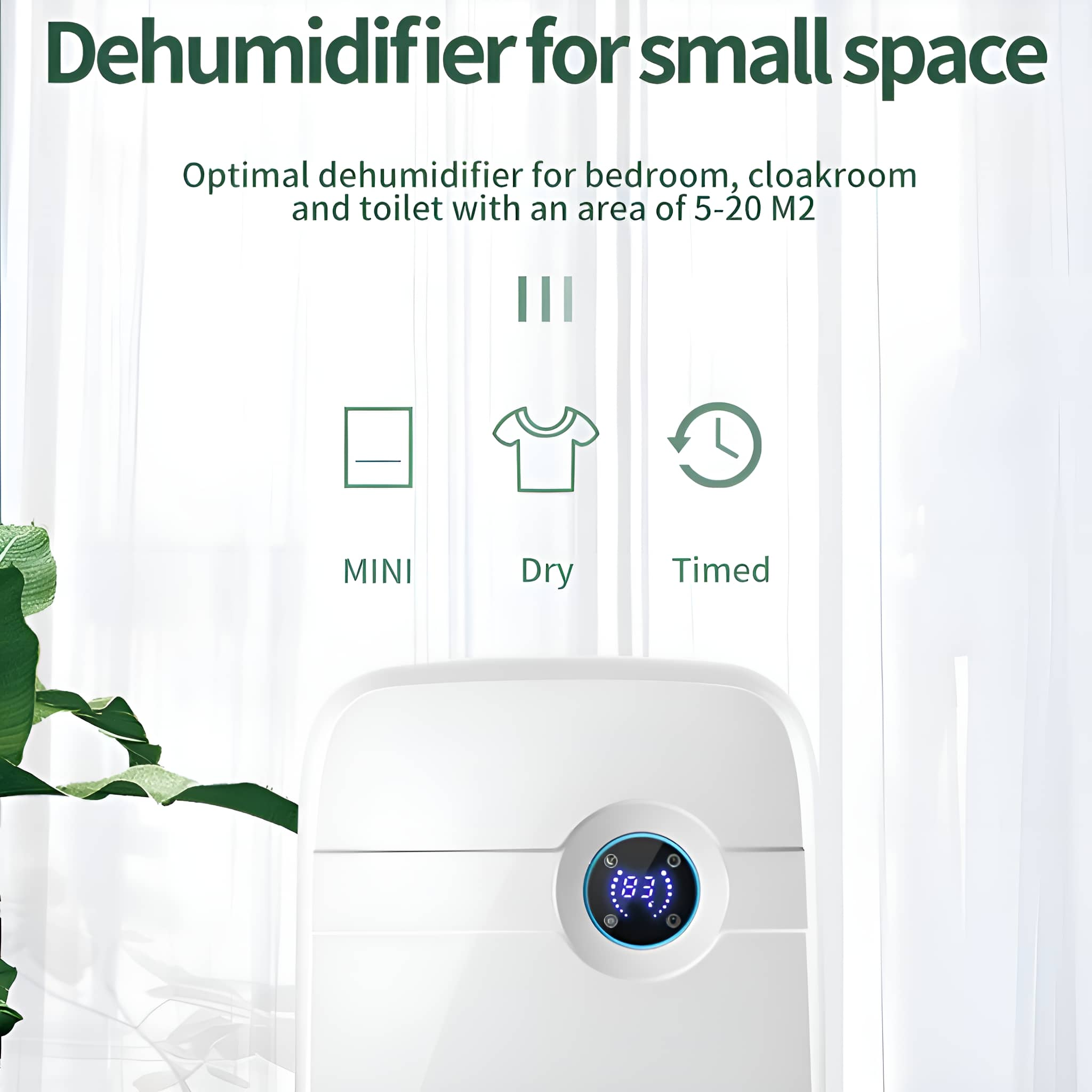 Weißer Luftentfeuchter mit blauem Display und drei Symbolen: Mini, Trocken, Zeitgesteuert. Weißer Hintergrund.