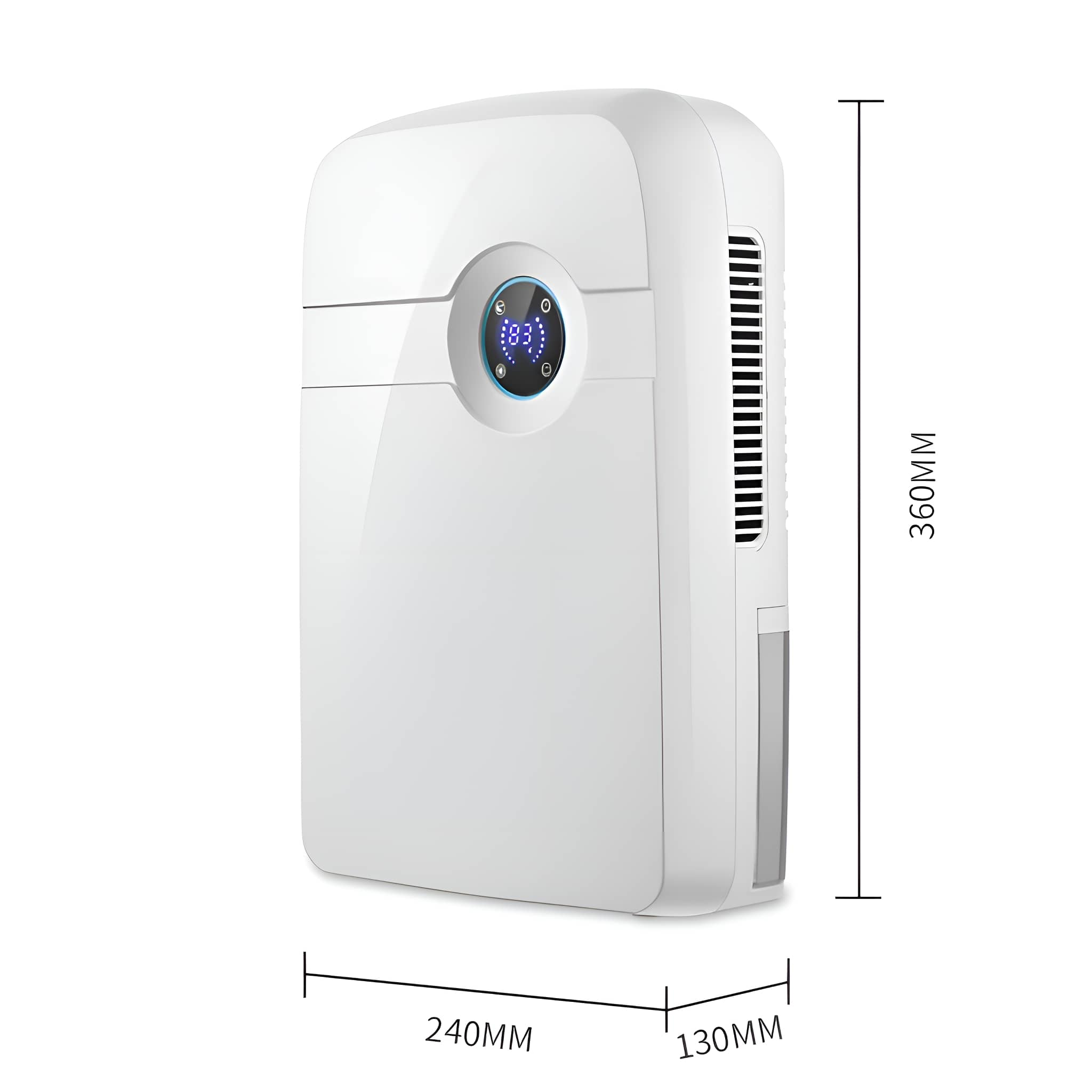 Weißer Luftentfeuchter mit den Maßen: 240x130x360mm. Er hat ein digitales Display.