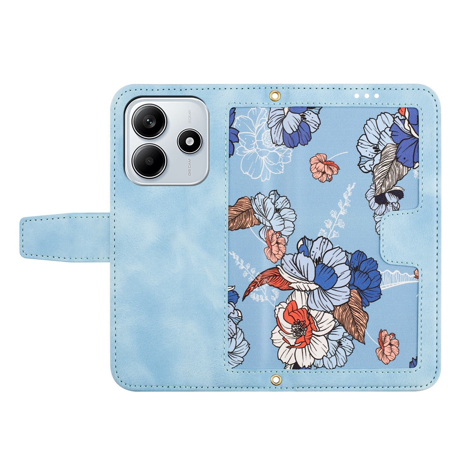 Hellblaues Handy-Brieftaschenetui mit Blumenmuster, hellblauer Lasche und Handykamera-Aussparung.