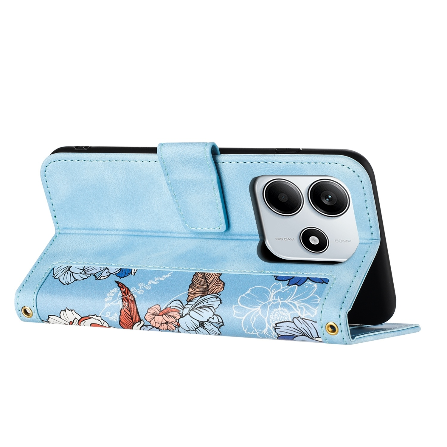 Hellblaue Handyhülle mit floralem Design, geöffnet, um ein Telefon zu zeigen. Das Telefon hat drei Rückkameras.