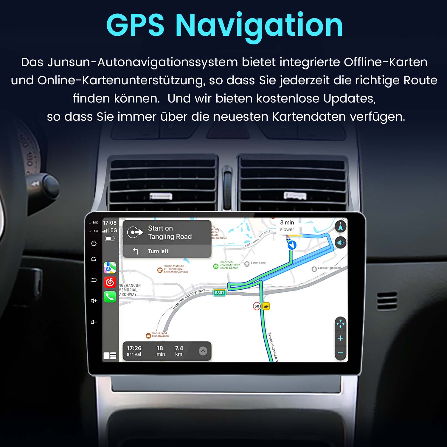 Deska rozdzielcza samochodu z ekranem nawigacji GPS. Pokazuje mapę z trasami i wnętrze samochodu.