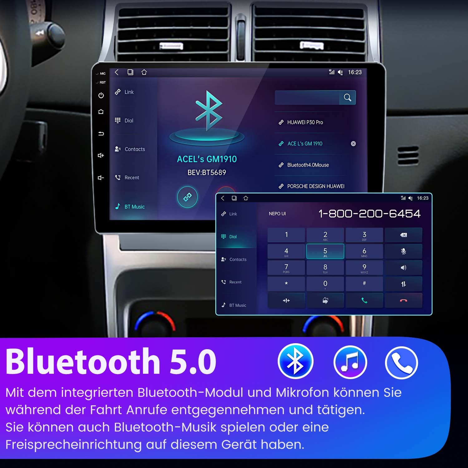 Ekran stereo samochodowy wyświetlający ustawienia Bluetooth i interfejs wybierania numeru telefonu.