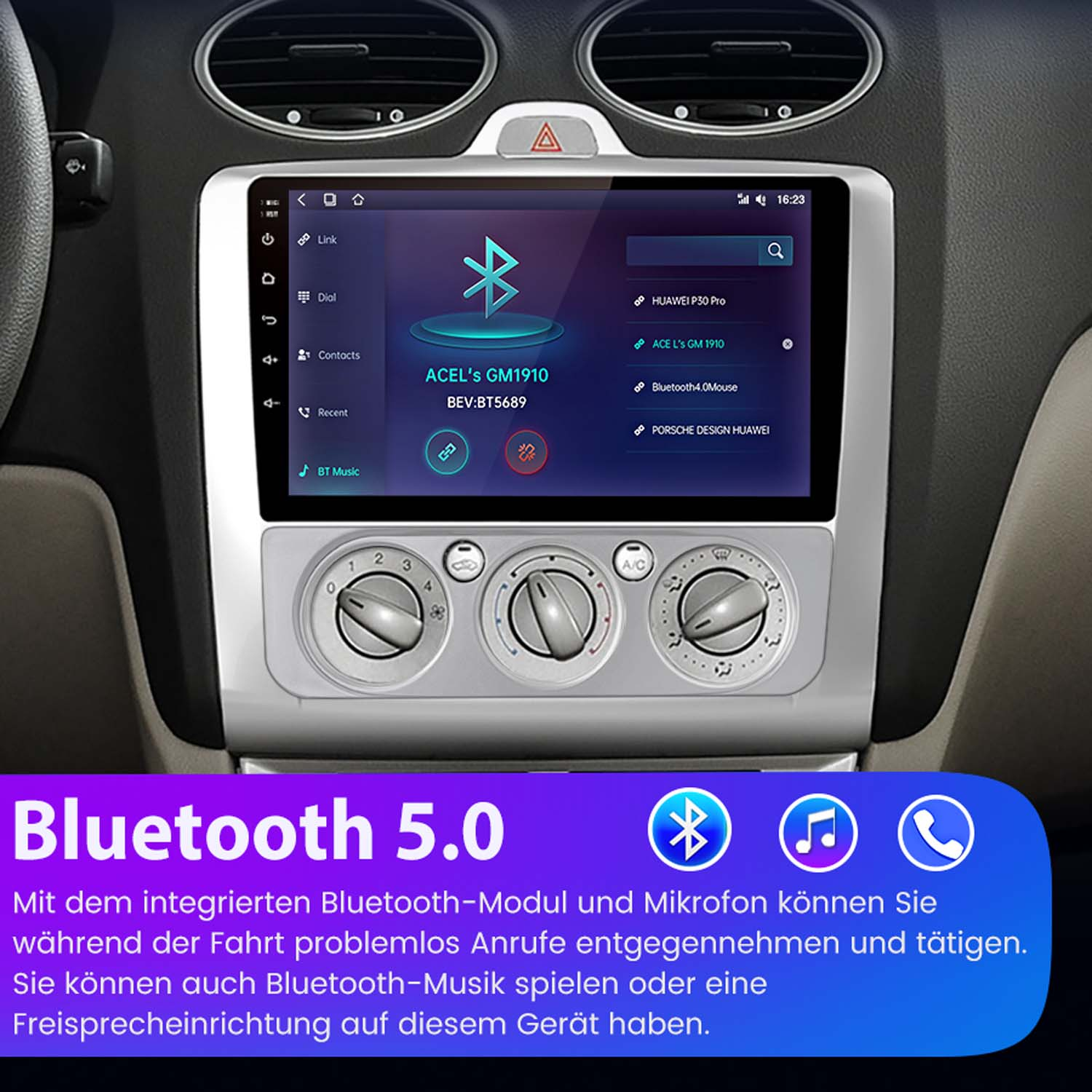 Radio samochodowe z Bluetooth 5.0, z ikonami telefonu, nuty i połączenia.