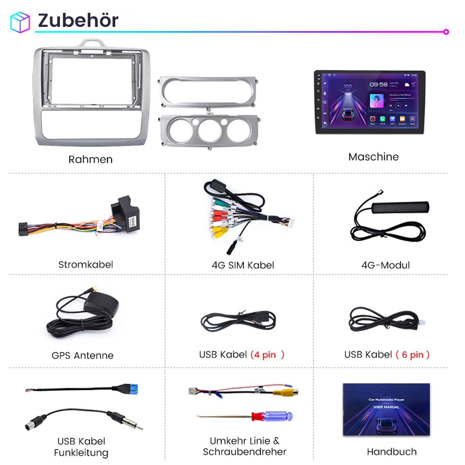 Auto-Multimedia-Zubehör: Rahmen, Maschine, Kabel, Antenne, Modul und Handbuch.