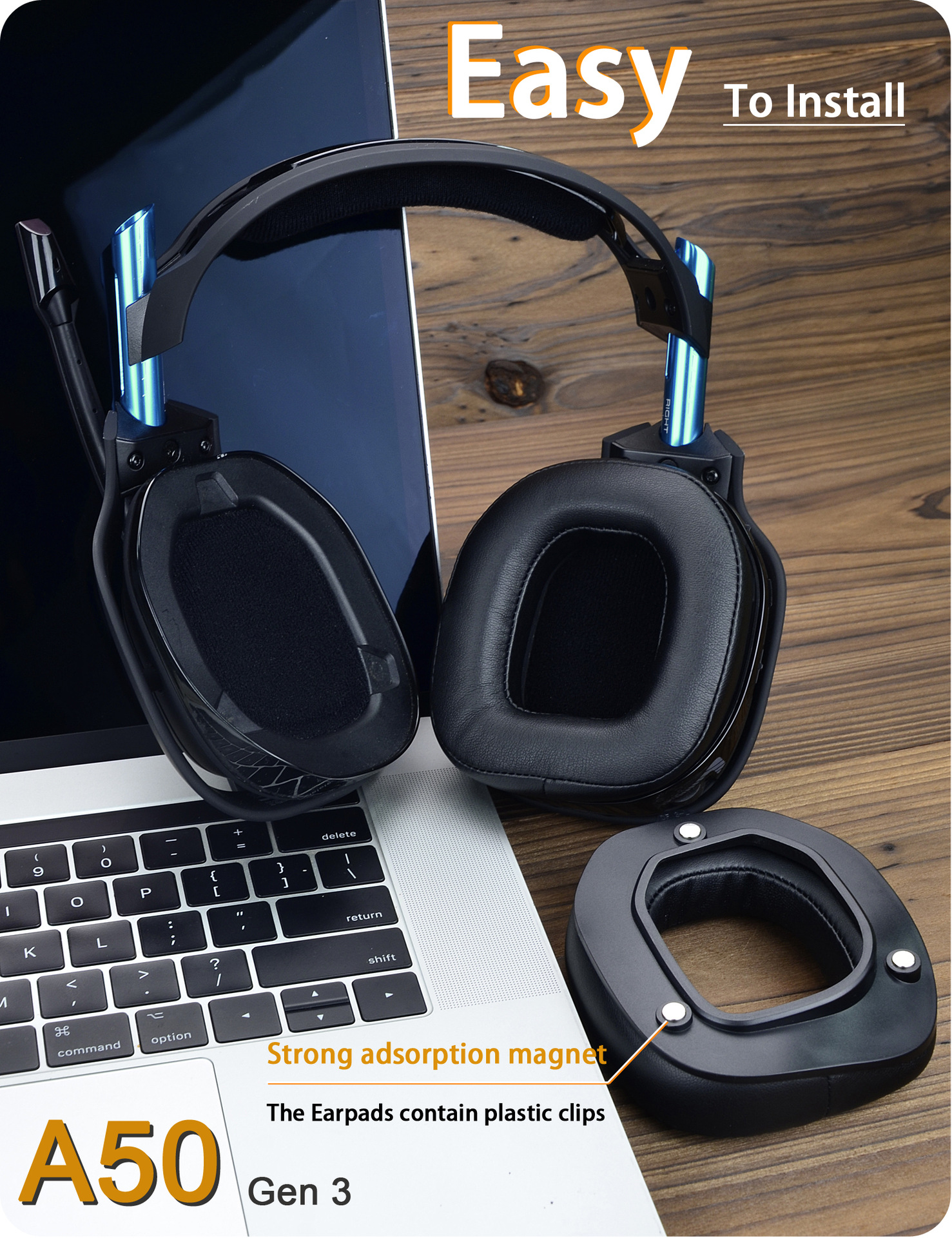 Czarno-niebieski zestaw słuchawkowy do gier, na laptopie. Tekst brzmi Łatwy w instalacji i Silny magnes adsorpcyjny.