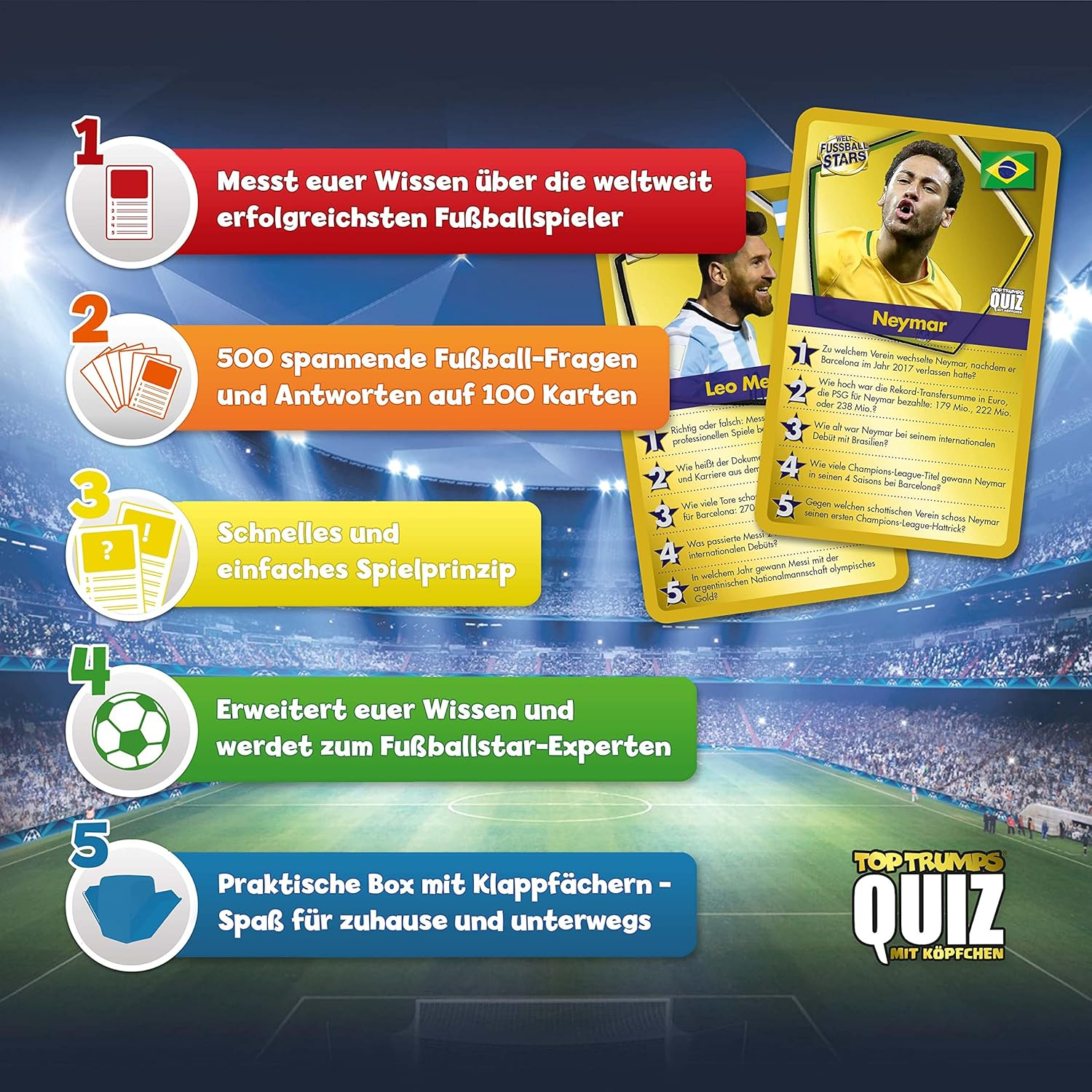 Top Trumps Kartenspiel mit Fußballspielern, Karten und einer Box.