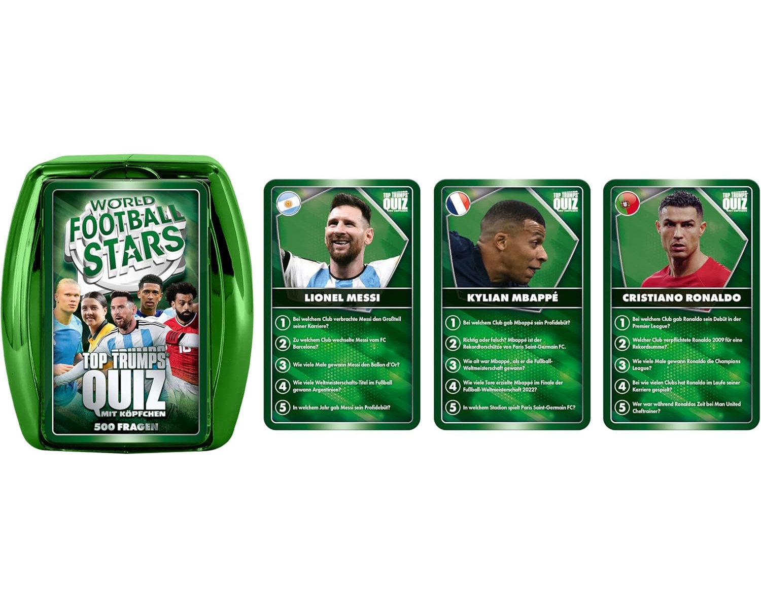 Ein grünes Top Trumps Quiz-Kartenspiel mit Fußballstars und Quizkarten.