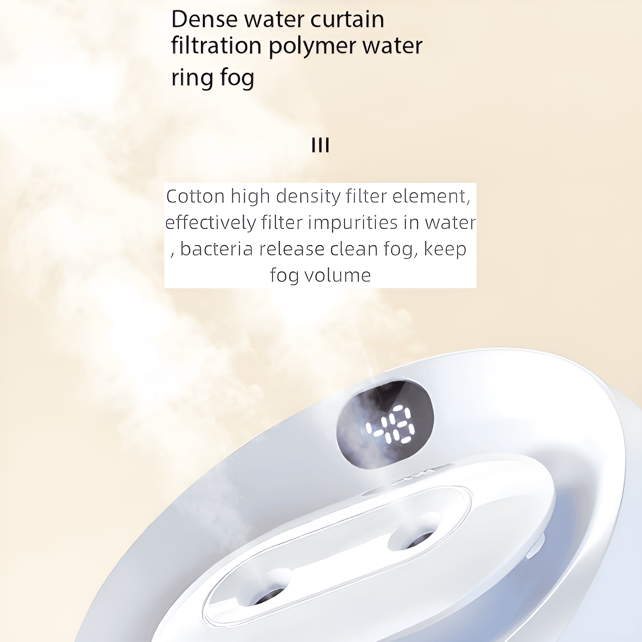 Nahaufnahme eines Luftbefeuchters mit Wasserdampf und Digitalanzeige. Text hebt die Wasserfiltration hervor.