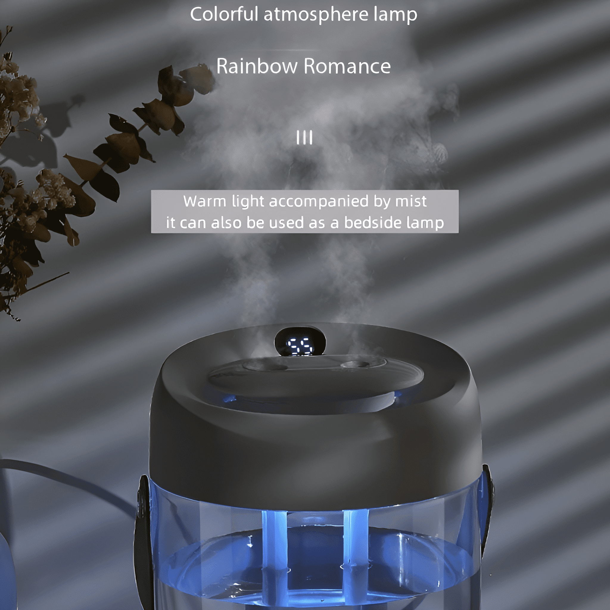 Ein dunkelgrauer Luftbefeuchter mit blauen Lichtern und austretendem Nebel. Das Display zeigt eine digitale Zahl.