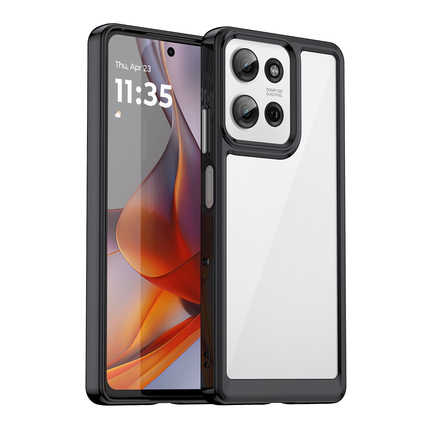 Schwarze Handyhülle mit durchsichtigem Rücken. Das Telefon hat drei Kameras und einen Blitz.