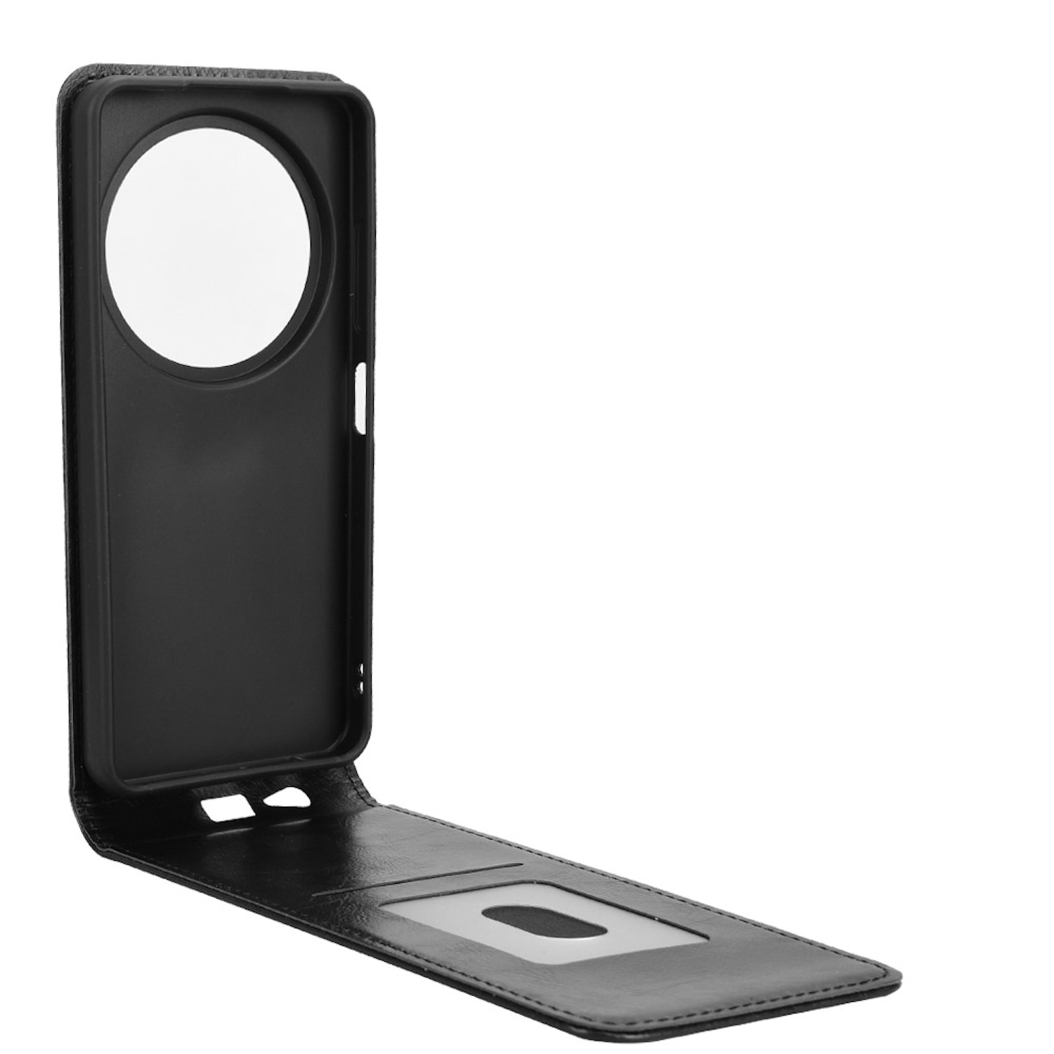 Schwarze Handyhülle mit geöffneter Frontklappe. Auf der Rückseite ist eine große kreisförmige Öffnung zu sehen.