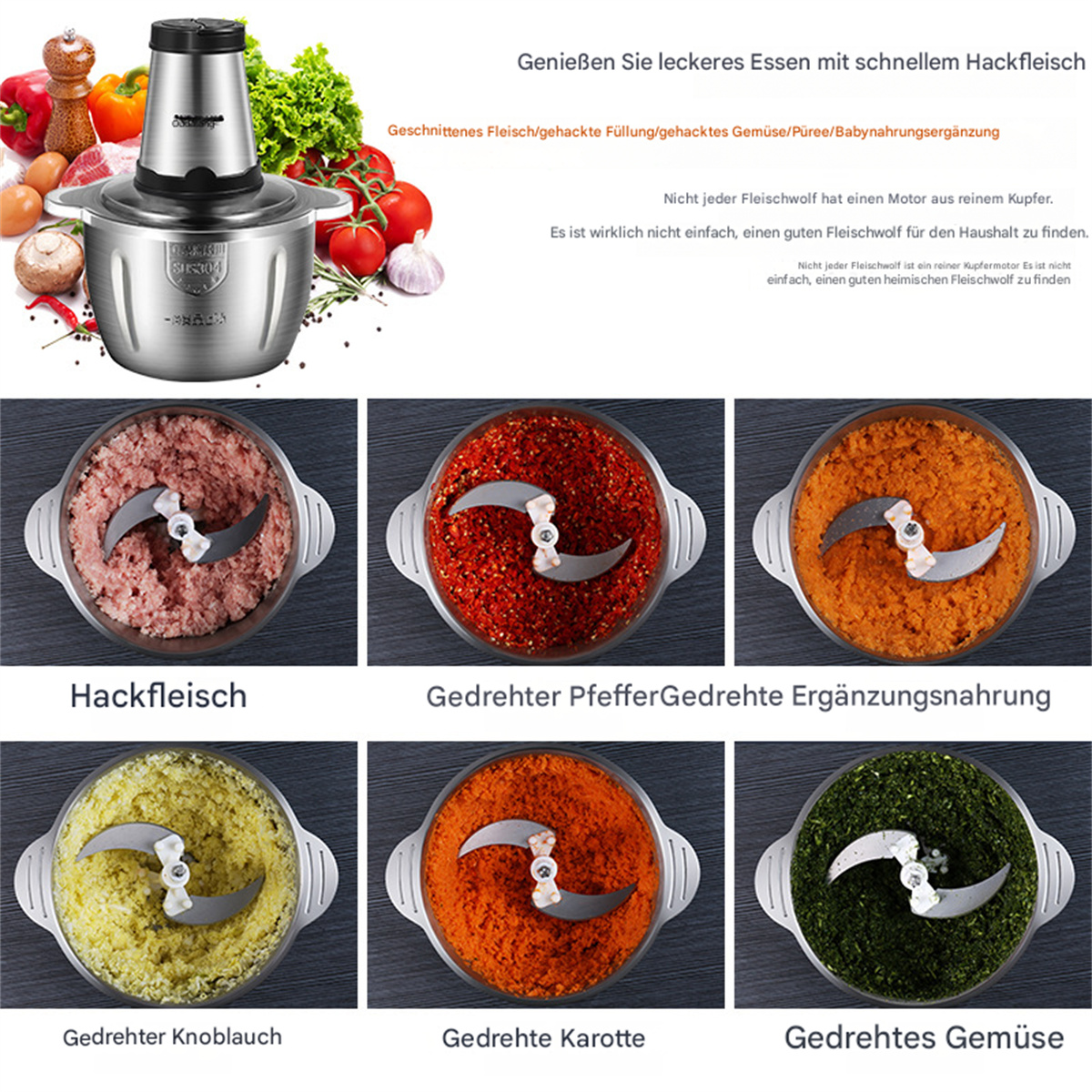Ein silberner Foodprozessor mit verschiedenen gehackten Zutaten und Text, darunter Fleisch und Gemüse, ist sichtbar.