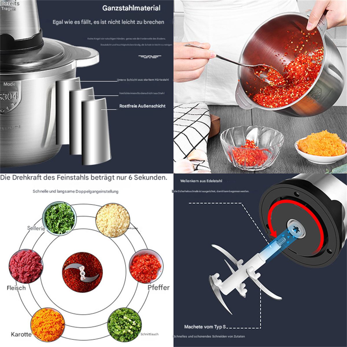 Eine Collage, die die Teile eines Küchenhelfers zeigt, mit Zutaten wie Karotten und Paprika.