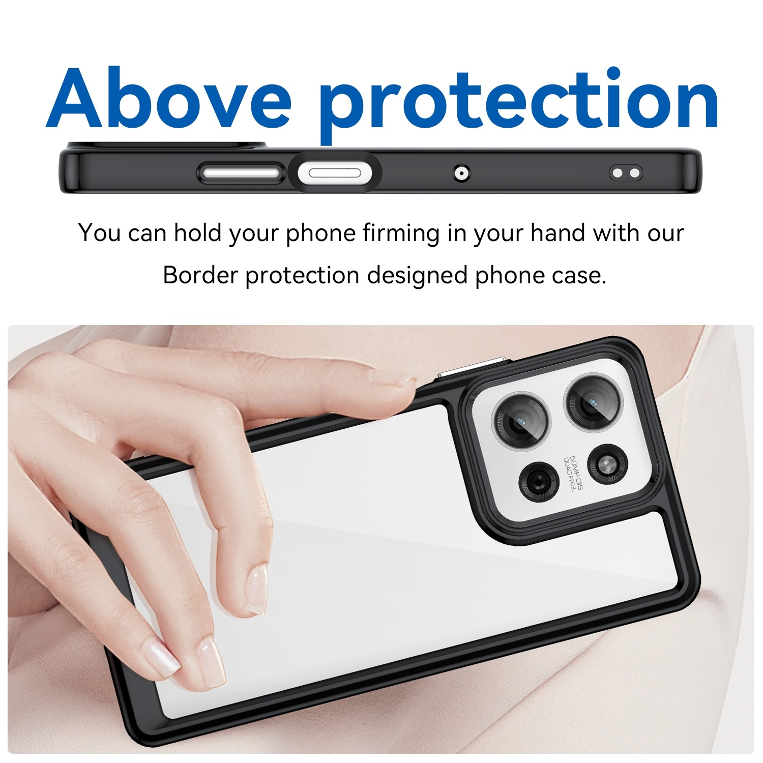 Ein Telefon in einer schwarzen Hülle. Die Hülle wird mit einem Beschreibungstext über den gebotenen Schutz gezeigt.