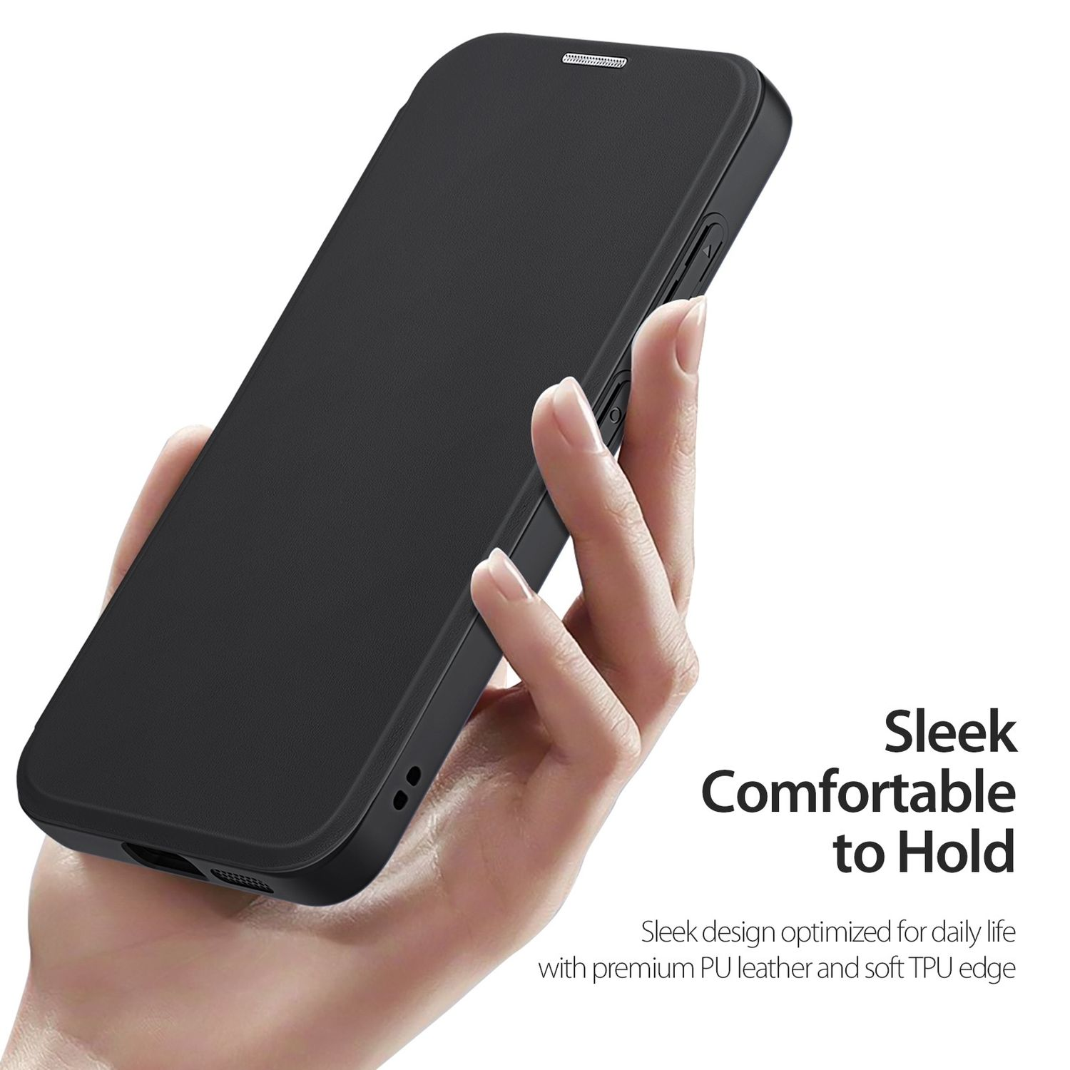 Mano sosteniendo una funda negra para teléfono, mostrando su diseño elegante y agarre cómodo.