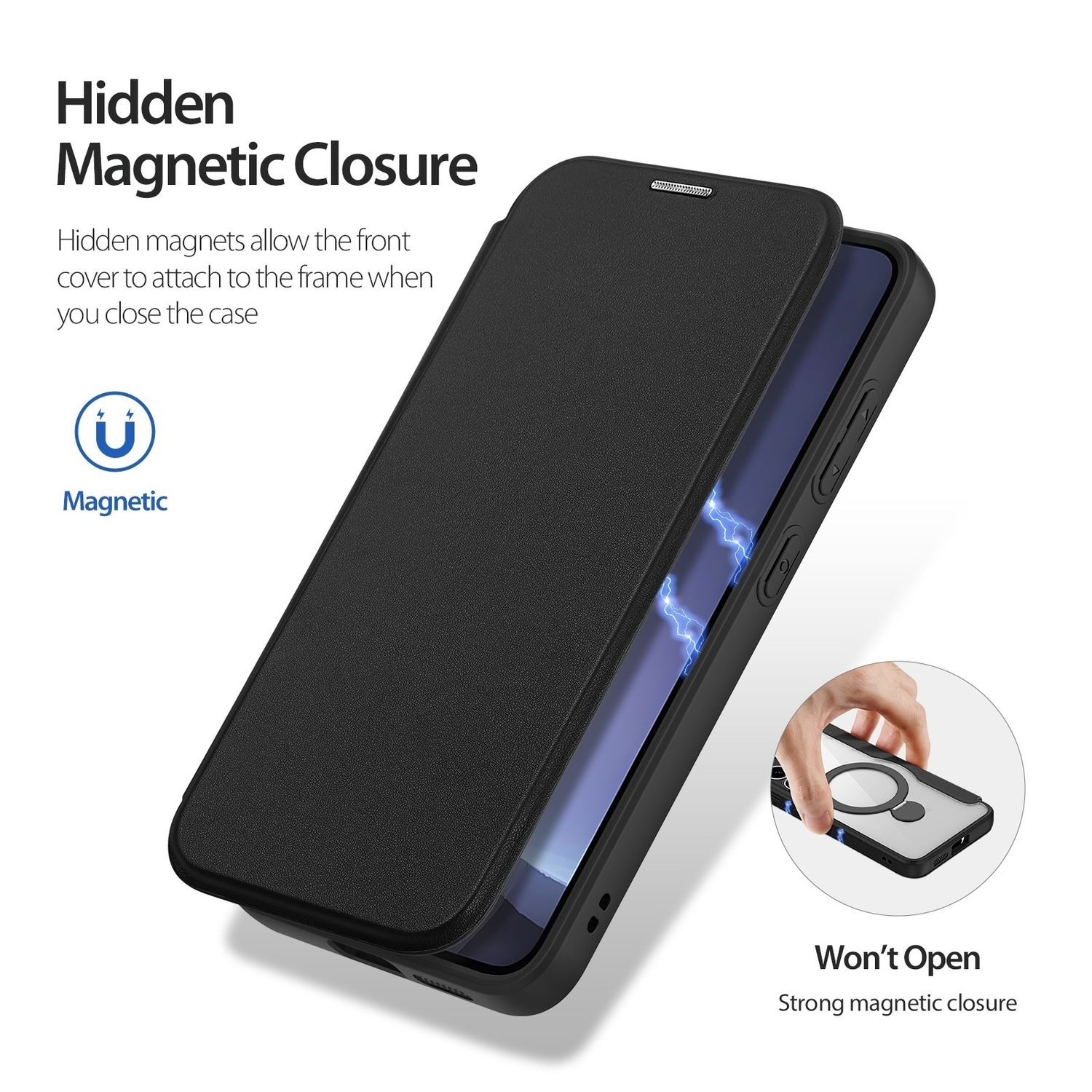 Una funda negra para teléfono con tapa abatible, abierta. Una mano sostiene un teléfono con anillo magnético.