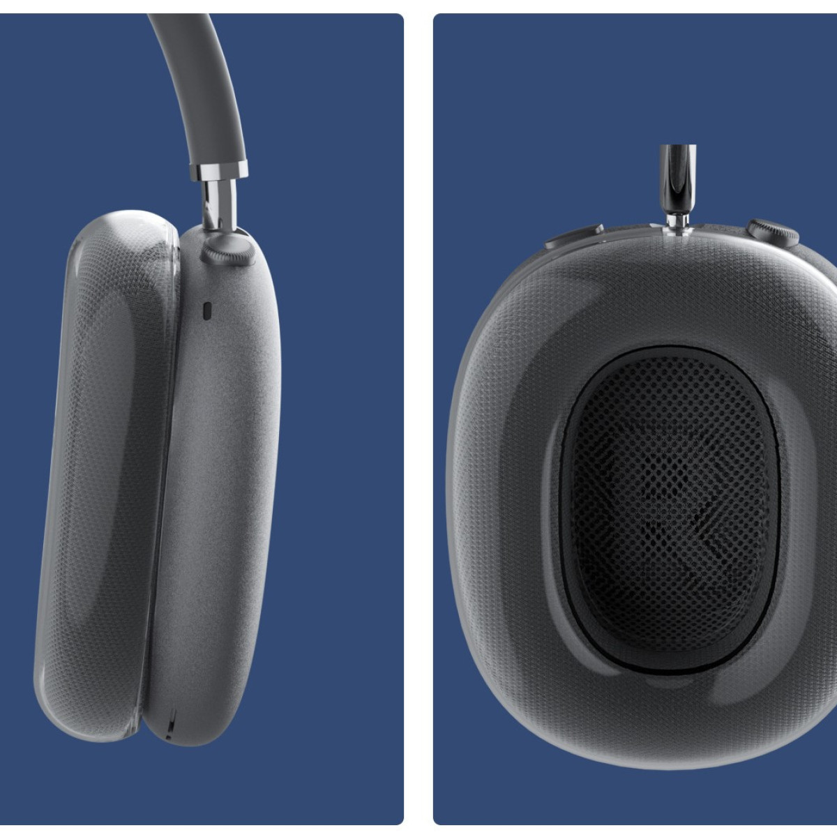 Szare słuchawki z siatkowym designem i niebieskim tłem. Ujęcia z bliska.
