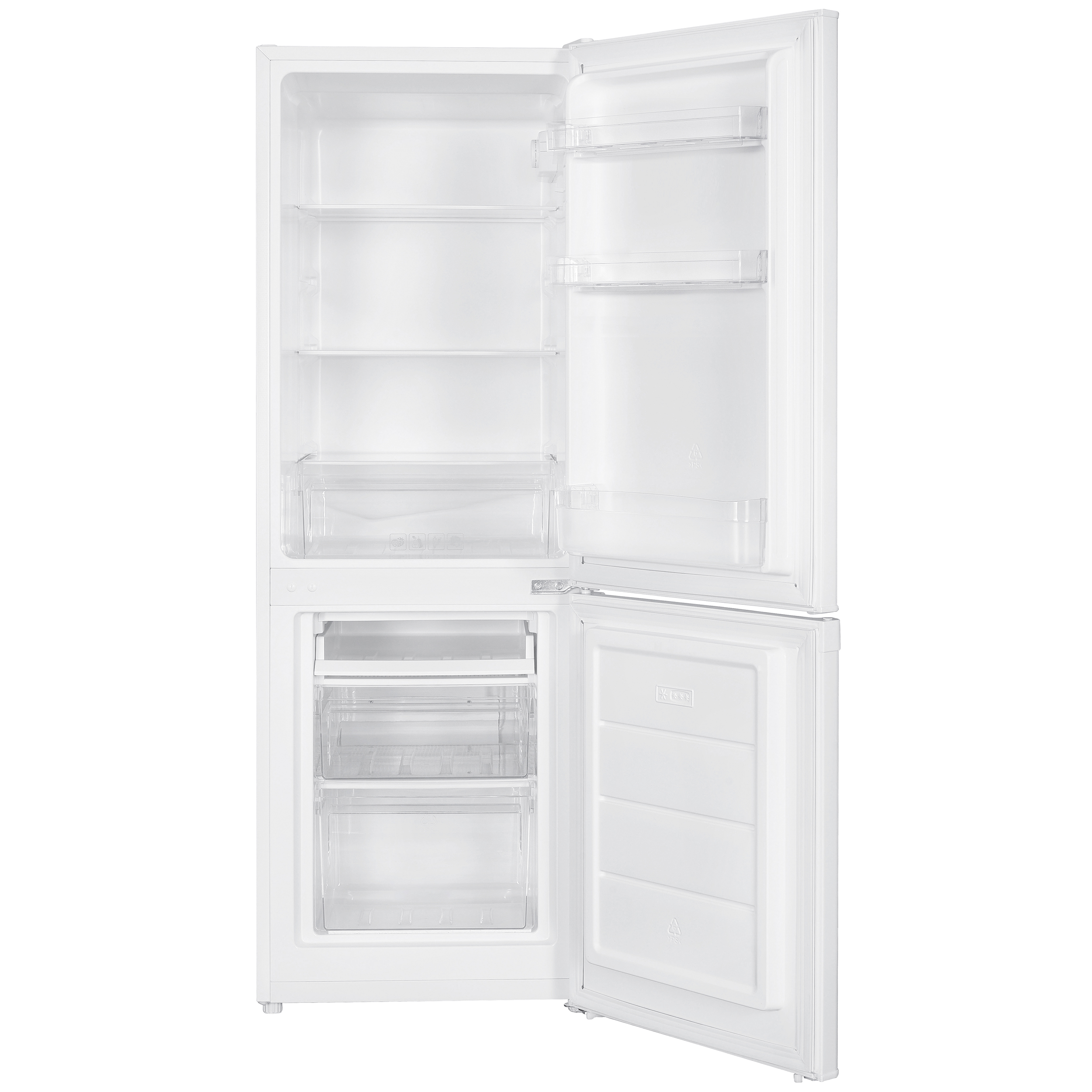 Offener weißer Kühlschrank. Regale, Schubladen sichtbar. Weißes Interieur. Weißer Hintergrund.