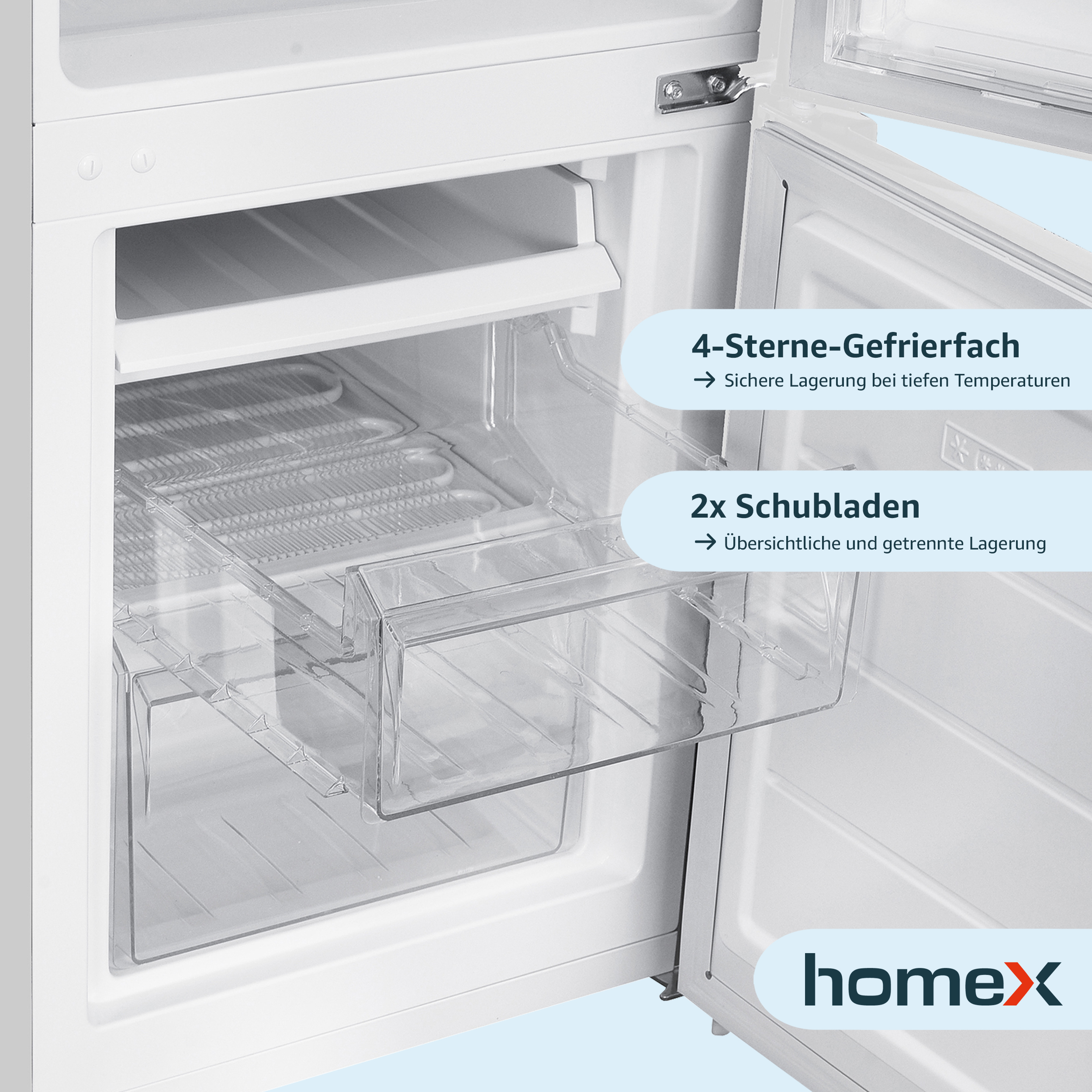 Ein weißer Kühlschrank mit geöffneten Türen, der Schubladen und Stauraum zeigt.