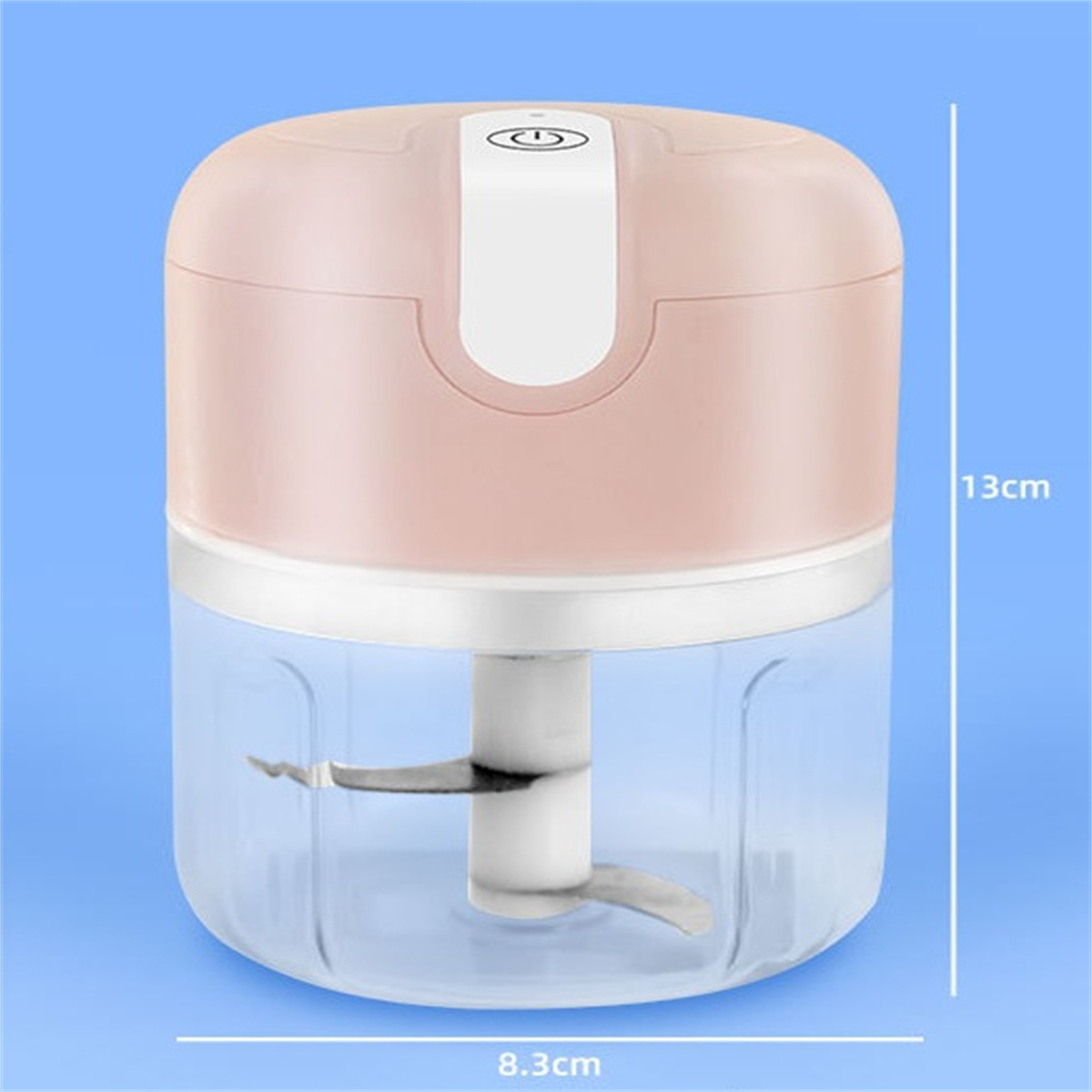 Rosa und weißer elektrischer Zerkleinerer. Seine Abmessungen sind 13 cm und 8,3 cm.
