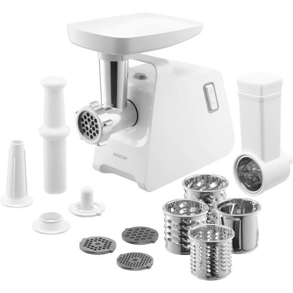Tritacarne bianco con diversi accessori e parti, tutti ordinati.
