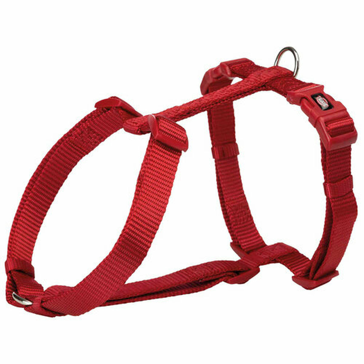 Rotes Hundegeschirr mit verstellbaren Trägern und Schnallen. Das Geschirr ist aus Stoff.