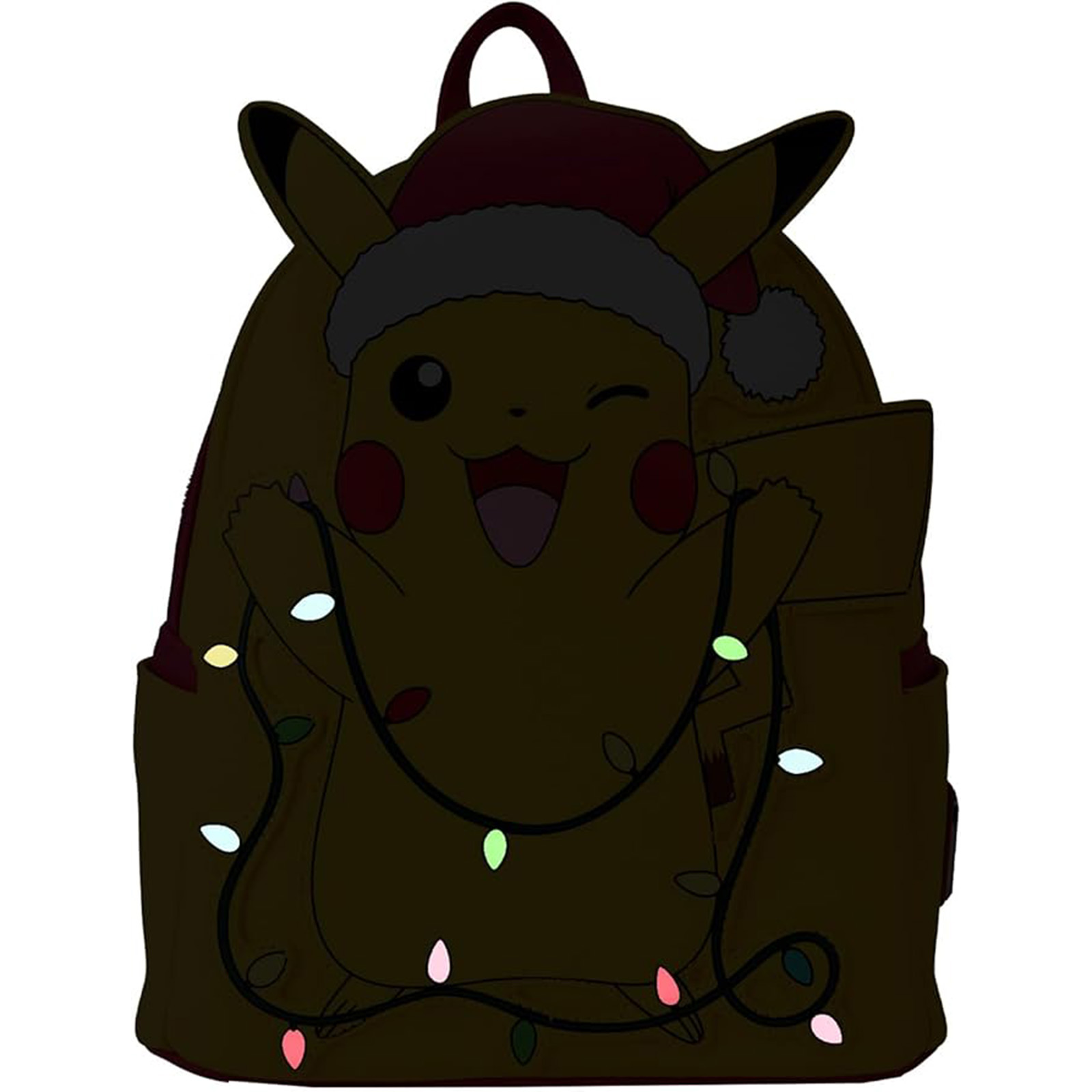 Pikachu-Rucksack mit Weihnachtsbeleuchtung und einem Weihnachtsmann-Hut.