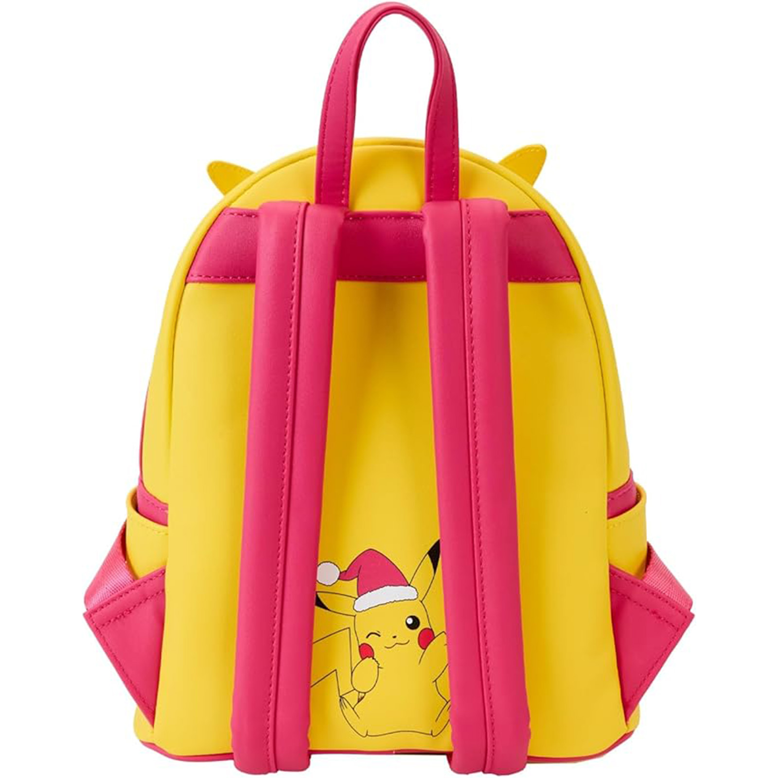 Gelber Pikachu-Rucksack mit rosa Trägern und Akzenten, mit Pikachu mit Weihnachtsmütze.